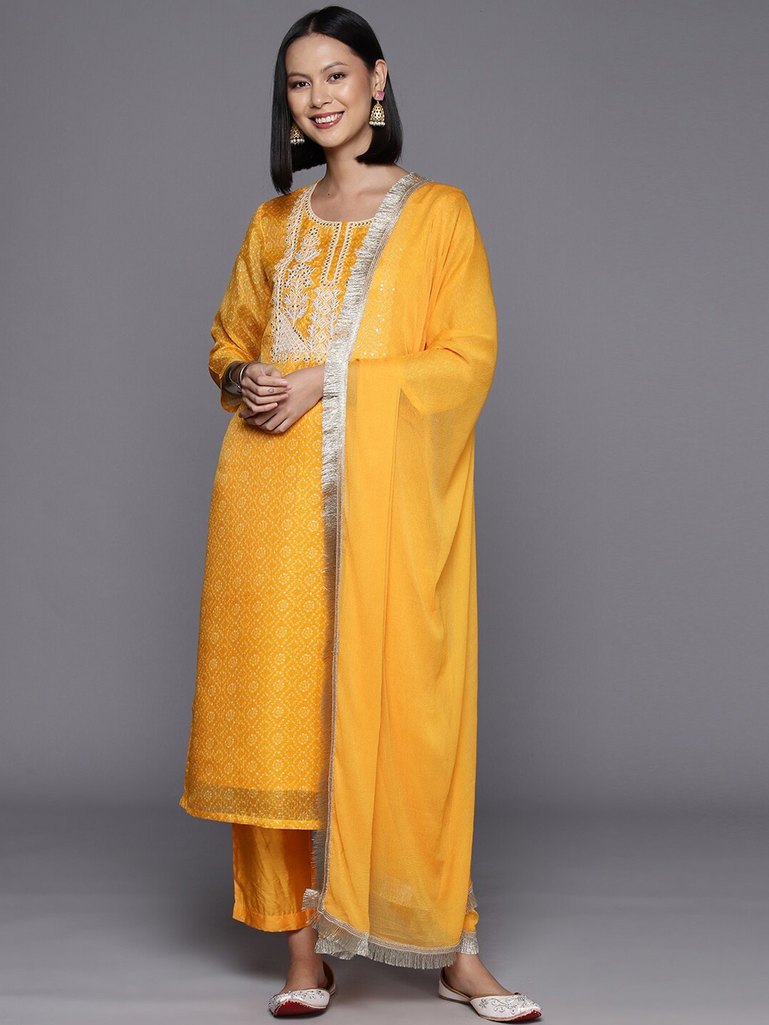 

KALINI Bandhani Printed Mirror Work Kurta with Palazzos & Dupatta, Mustard