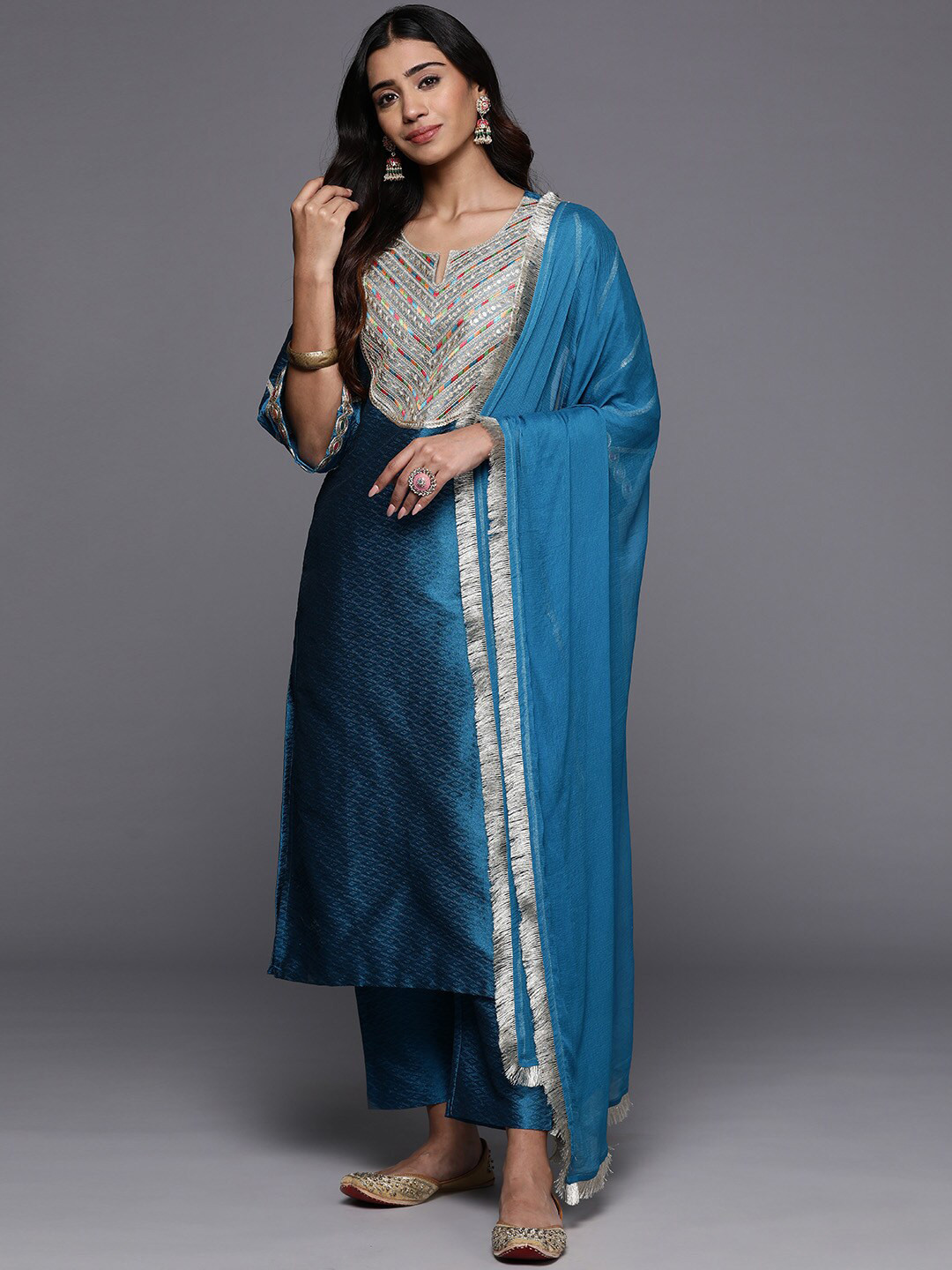 

KALINI Ethnic Motifs Yoke Design Thread Work Kurta & Trousers With Dupatta, Blue