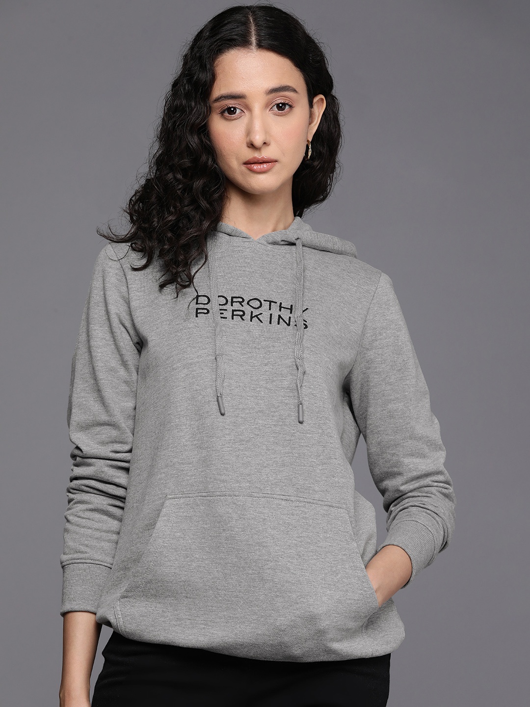 

DOROTHY PERKINS Women Printed Hooded Sweatshirt, Grey melange