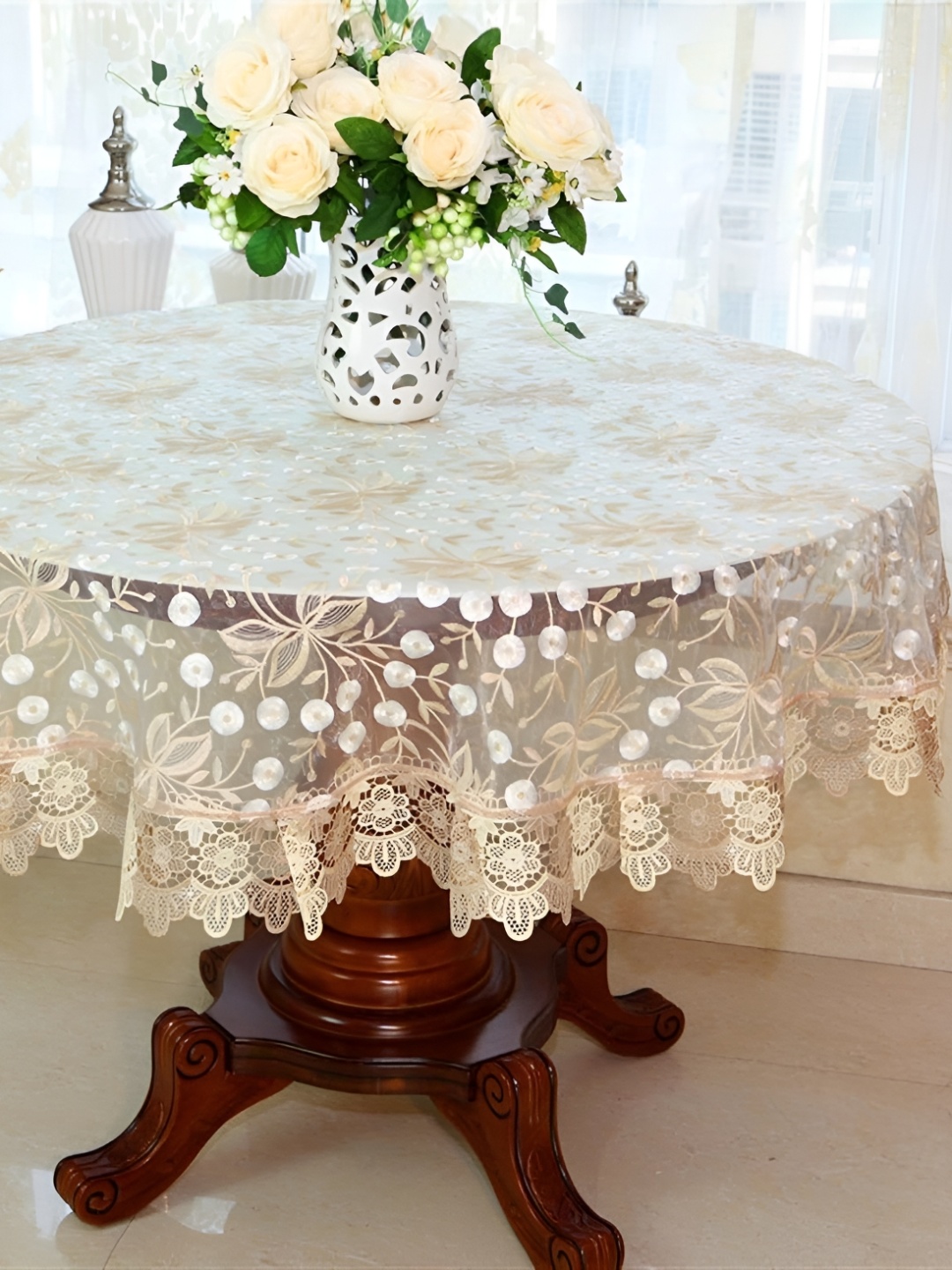 

MONKDECOR White Floral Embroidered Round 4-Seater Table Cover