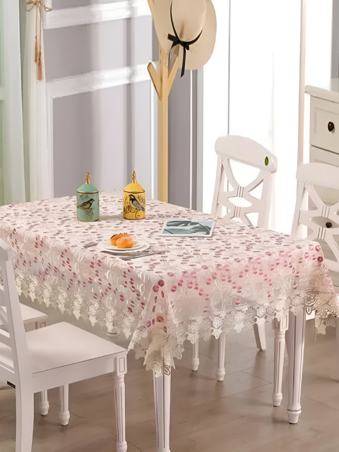 

MONKDECOR Pink Floral 6-Seater Table Cover with Embroidered details