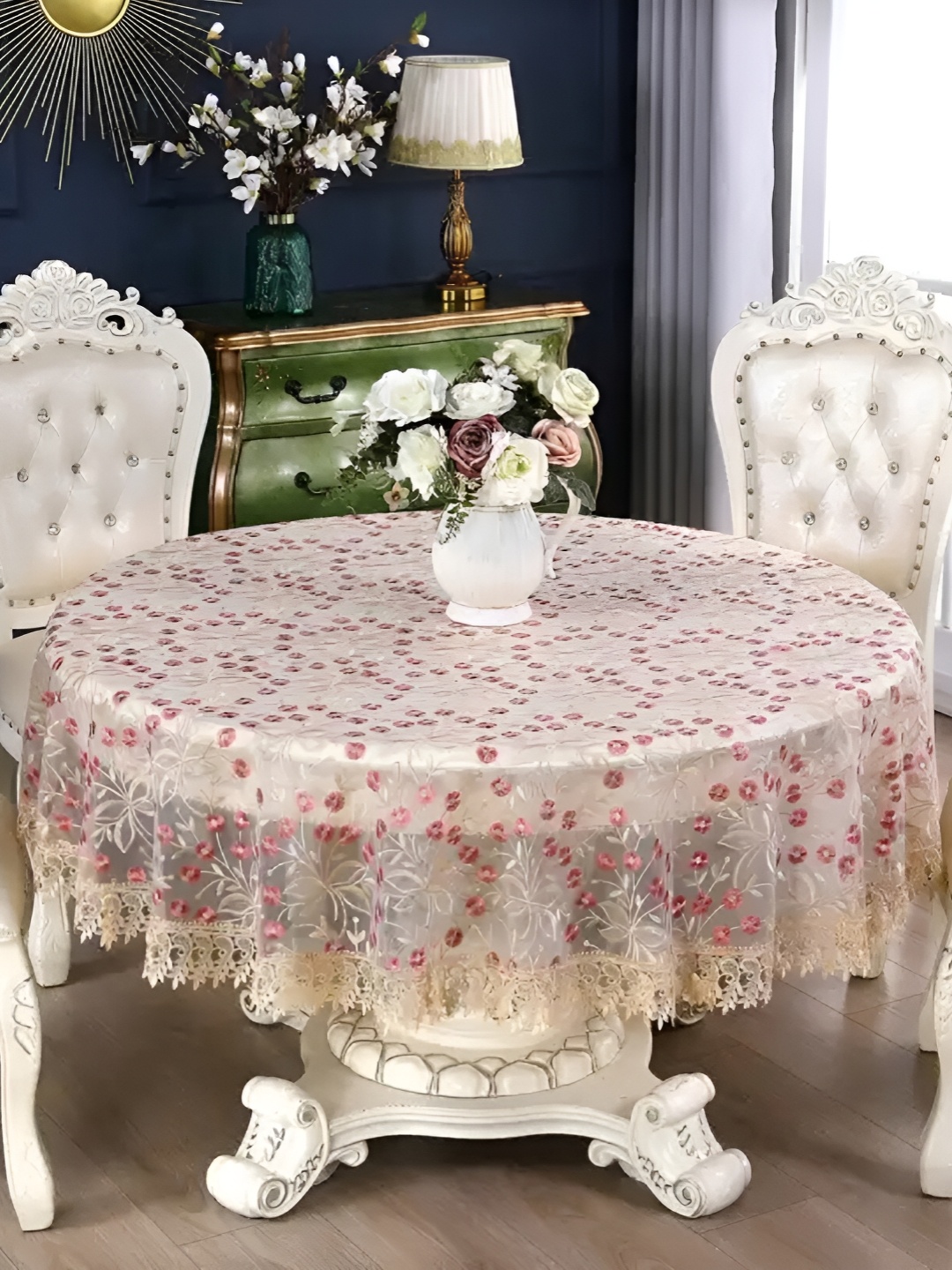 

MONKDECOR Pink Floral 2-Seater Table Cover with Embroidered details