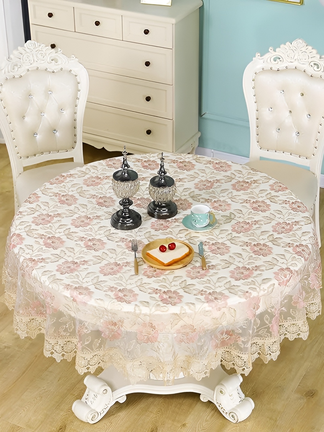 

MONKDECOR Pink Floral Embroidered Round 4-Seater Table Cover