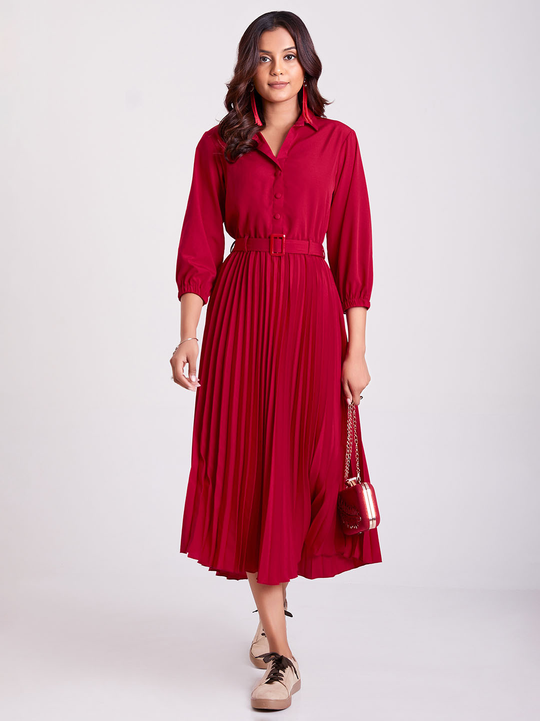 

FLOWERVELLY Shirt Collar Puff Sleeve A-line Fit & Flare Midi Dress, Red