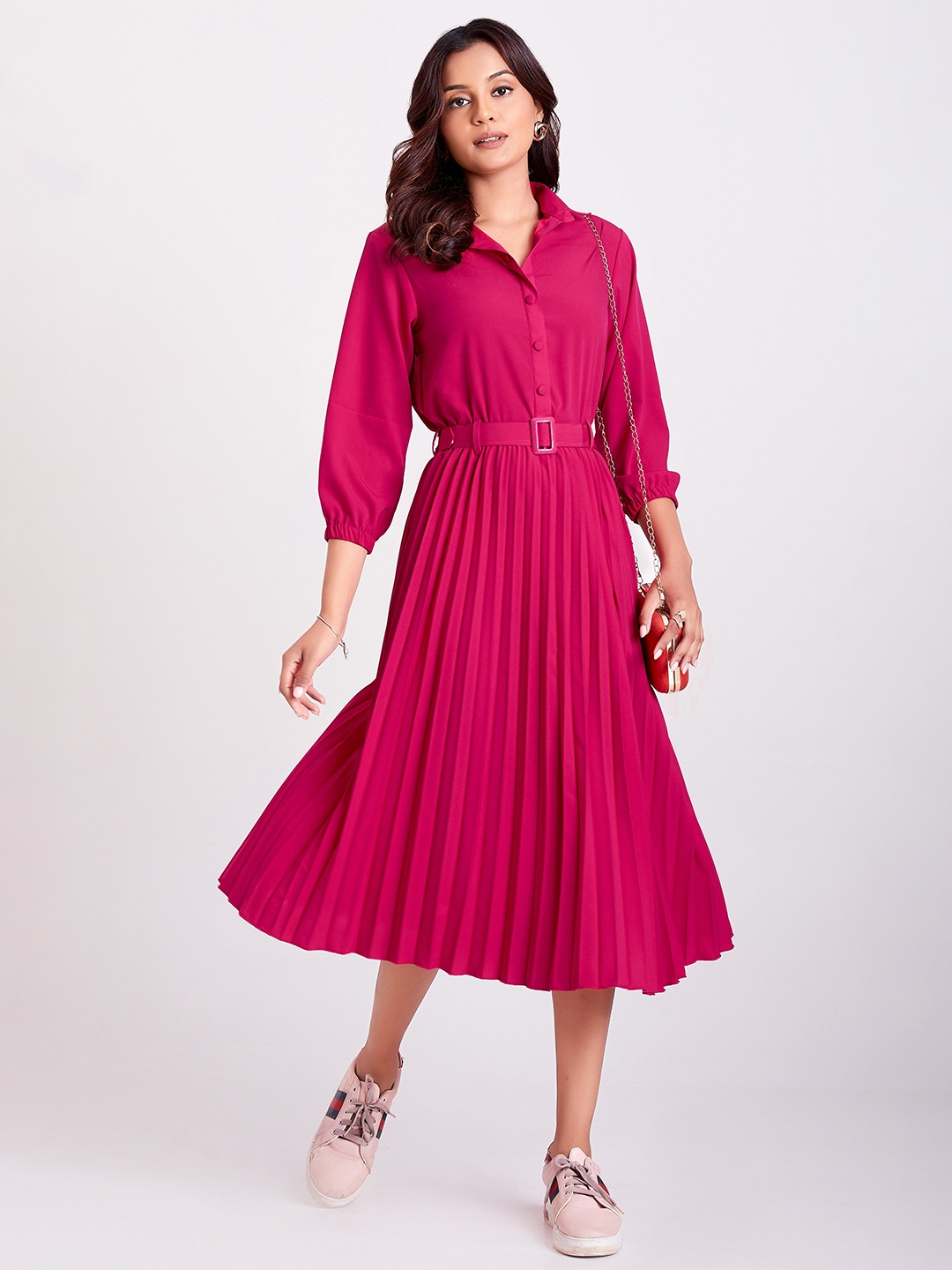 

FLOWERVELLY Shirt Collar Fit & Flare Midi Dress With Belt, Pink