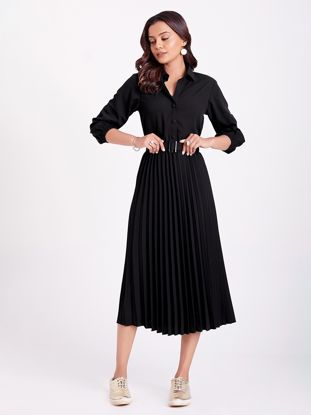 

FLOWERVELLY Shirt Collar Fit & Flare Midi Dress With Belt, Black