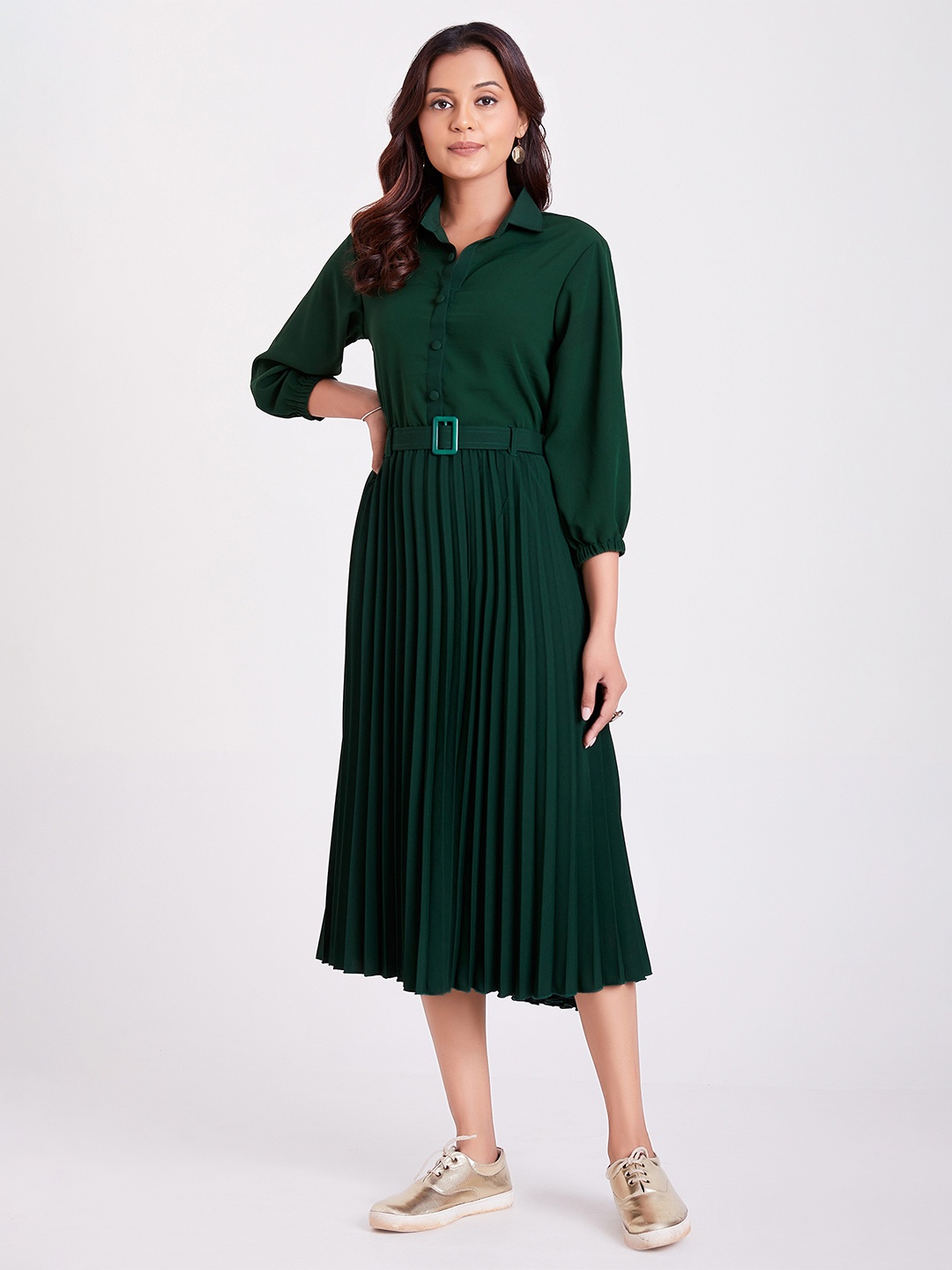 

FLOWERVELLY Shirt Collar Fit & Flare Midi Dress With Belt, Green