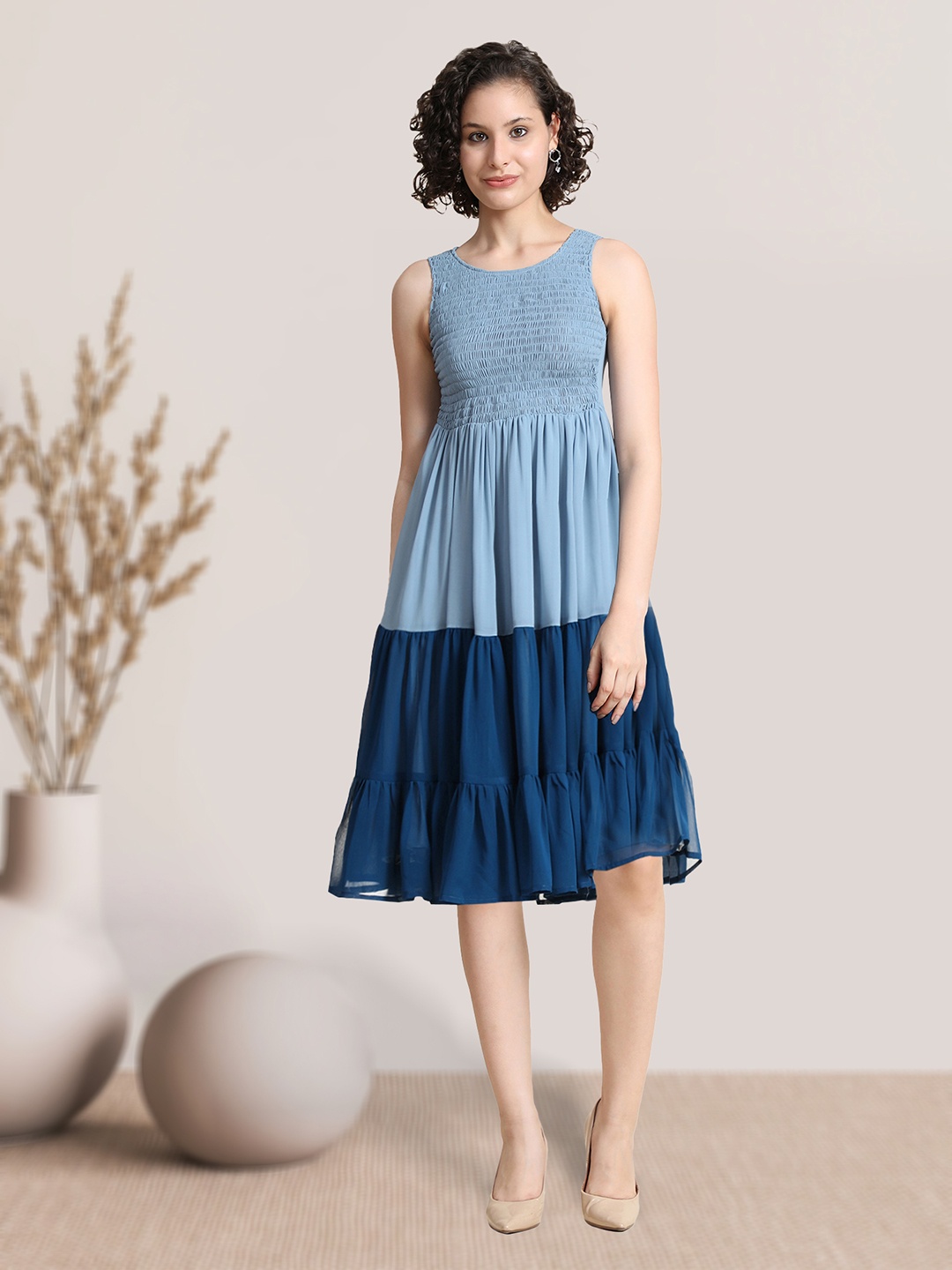 

BAESD Smocked Georgette Tiered Fit & Flare Dress, Blue