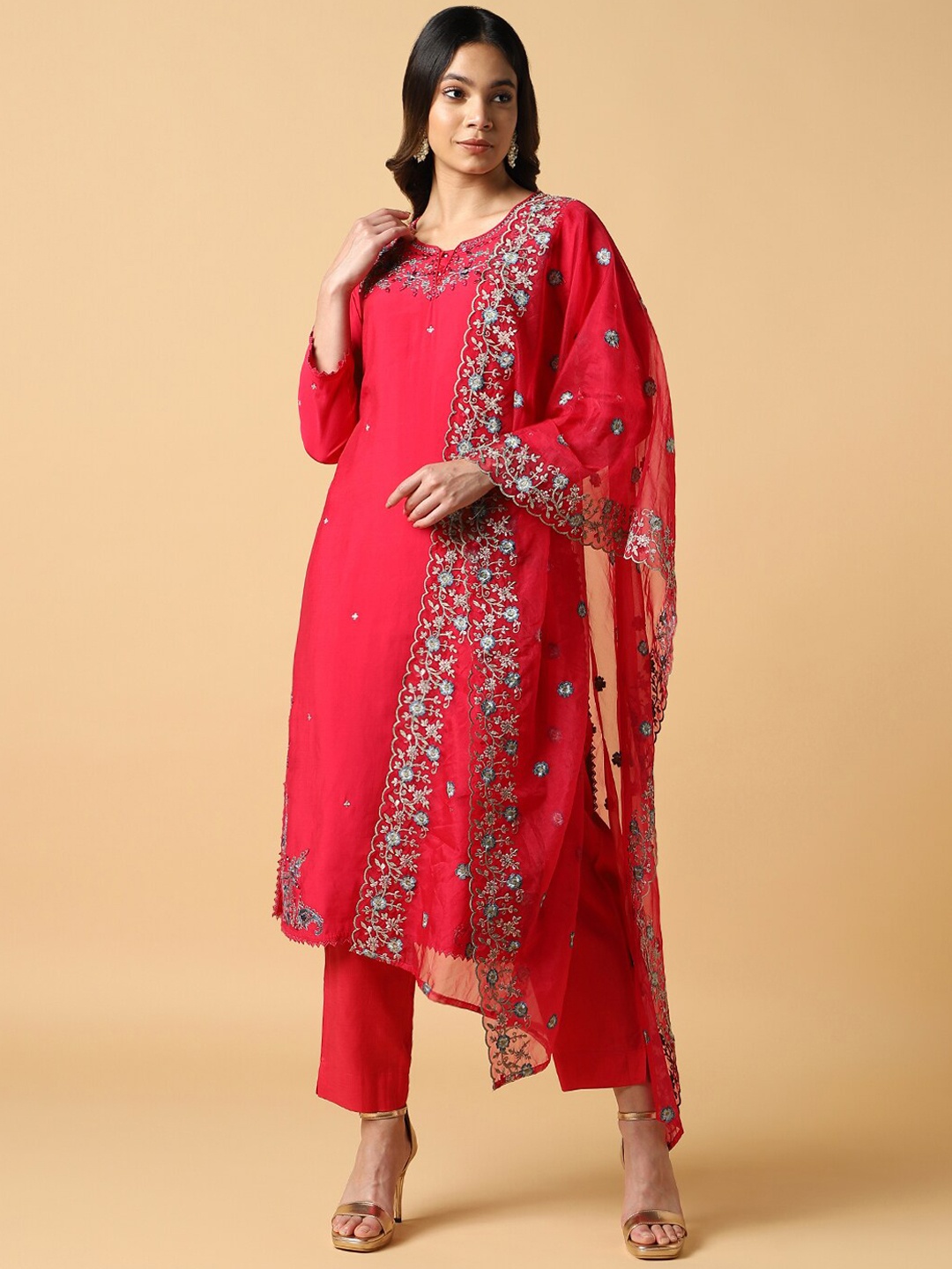 

House Of Dharaa Floral Embroidered Pure Cotton Kurta with Trousers & Dupatta, Pink