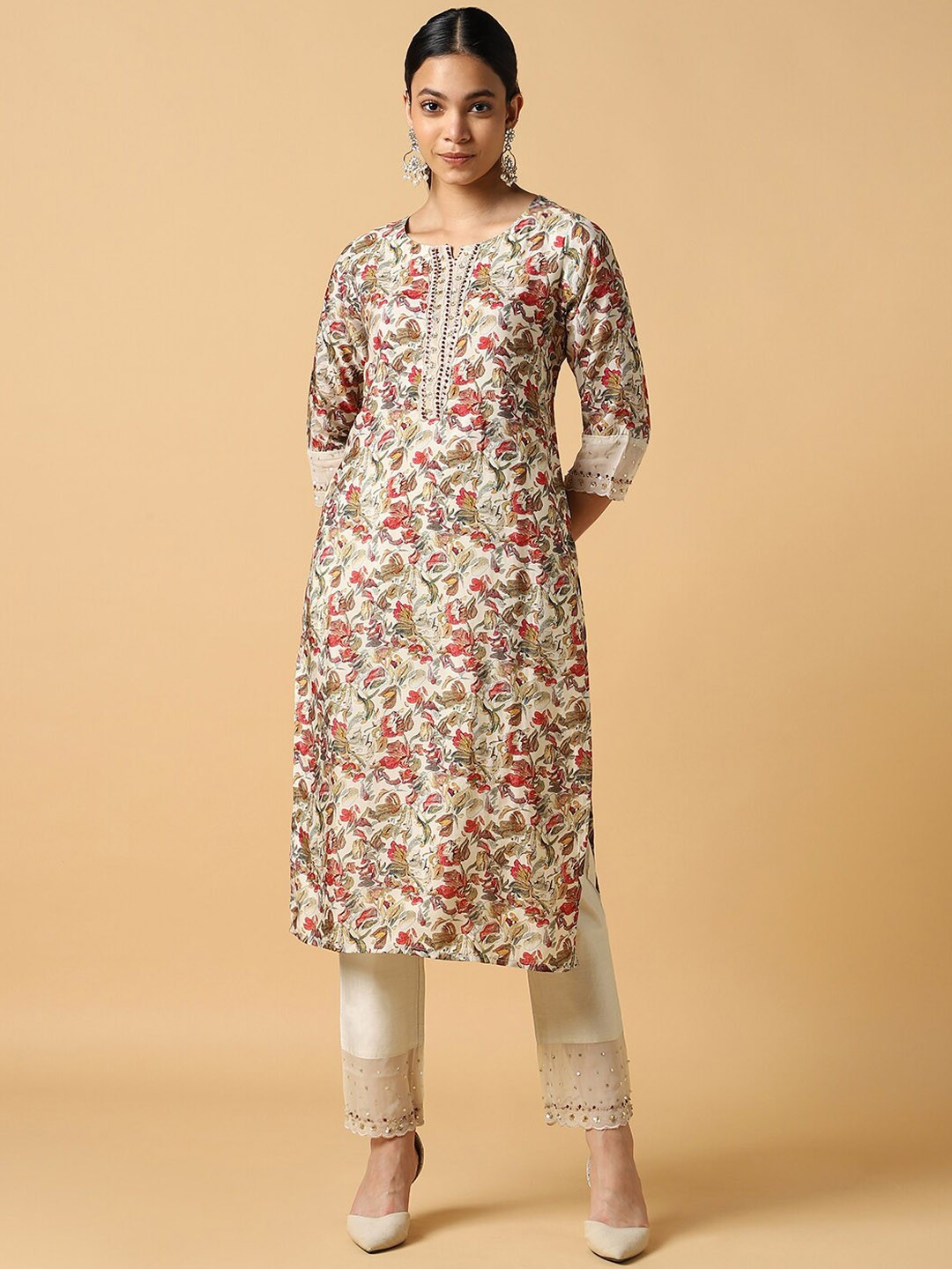 

House Of Dharaa Floral Printed Thread Work Pure Silk Kurta with Trousers, Cream