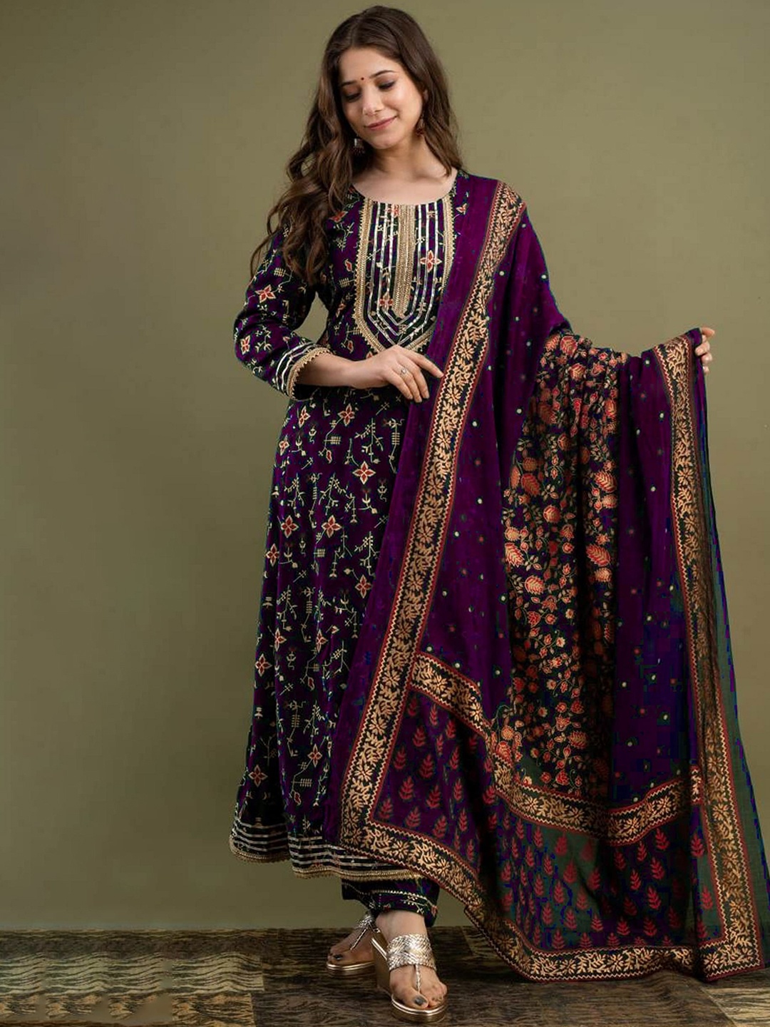 

SK2 Fashion Floral Printed Pleated Gotta Patti Kurta With Trousers & Dupatta, Purple