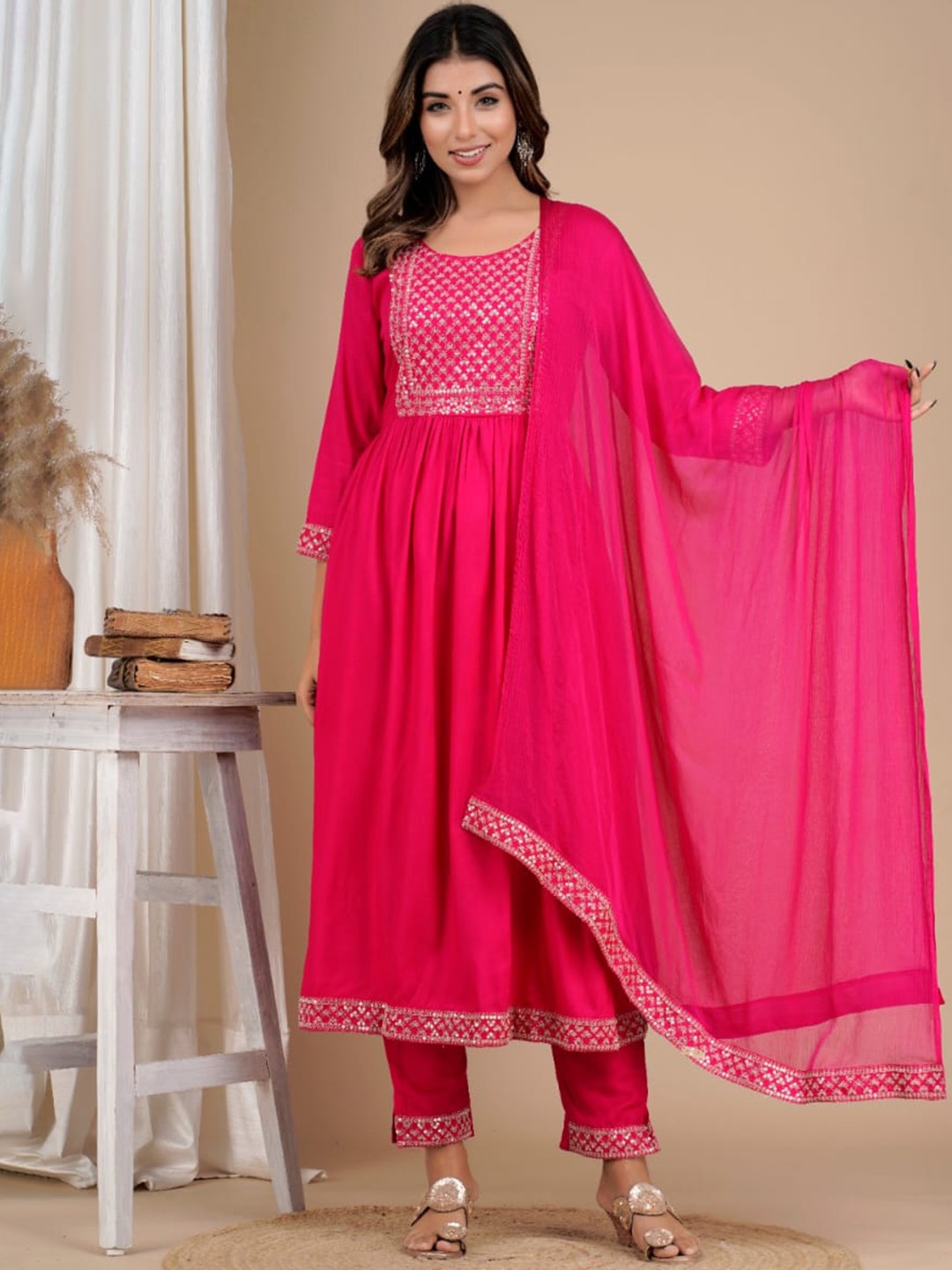 

SK2 Fashion Floral Yoke Design Pleated Gotta Patti Anarkali Kurta With Trousers & Dupatta, Pink