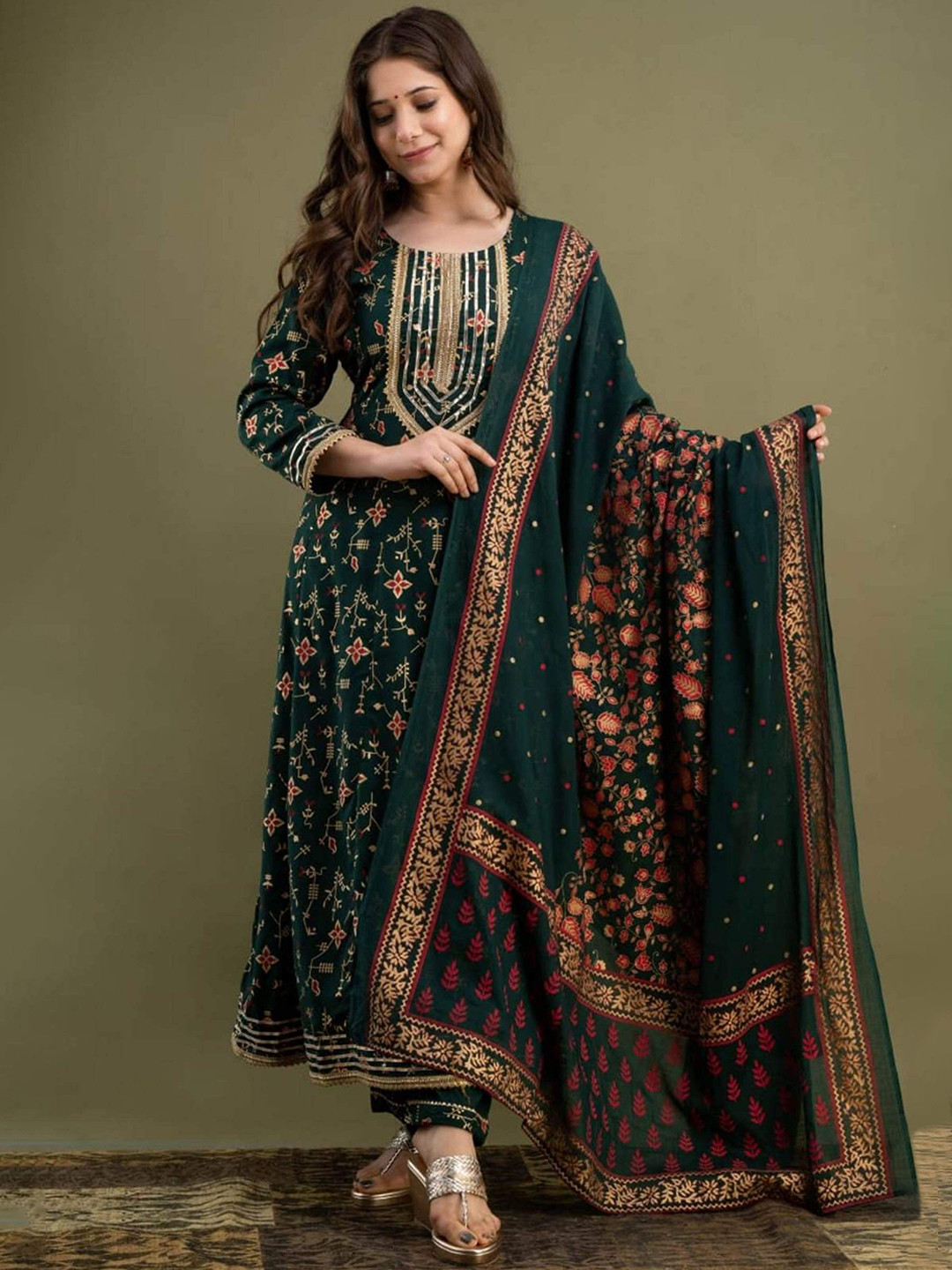 

SK2 Fashion Floral Printed Pleated Gotta Patti Kurta With Trousers & Dupatta, Green