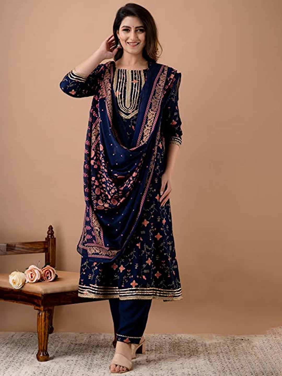

SK2 Fashion Women Floral Printed Pleated Gotta Patti Kurta with Trousers & With Dupatta, Blue