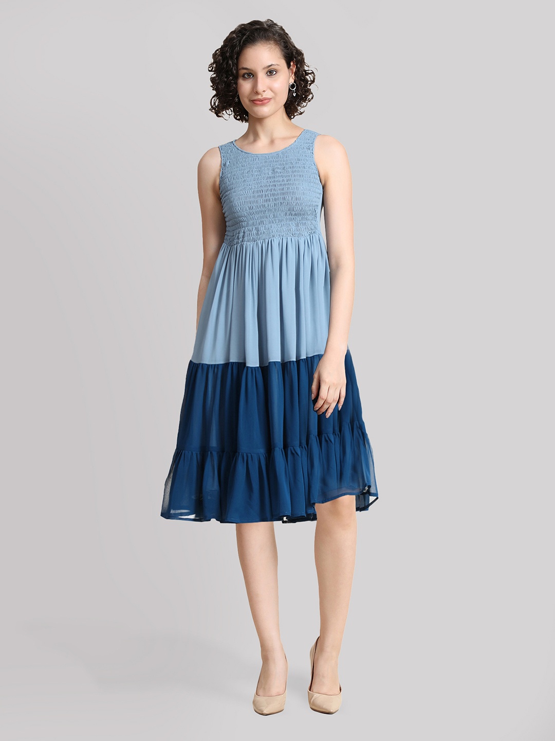 

BAESD Colourblocked Round Neck Smocked Tiered Georgette Fit & Flare Dress, Blue