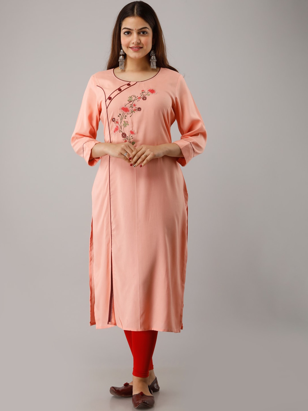 FrionKandy Floral Embroidered Sequined A-Line Kurta, Peach