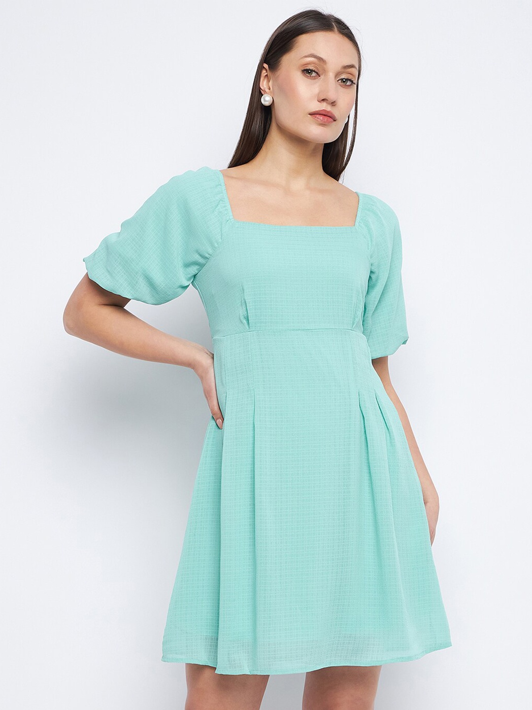 

Madame Square Neck Puff Sleeves Fit & Flare Dress, Green