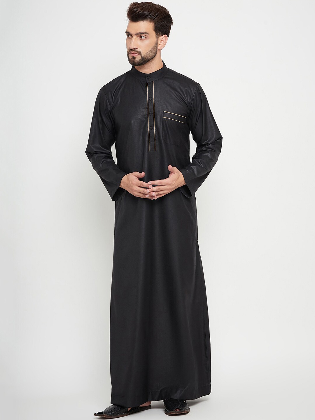 

NABIA Contrast Piping Band Collar Pure Cotton Thobe, Black