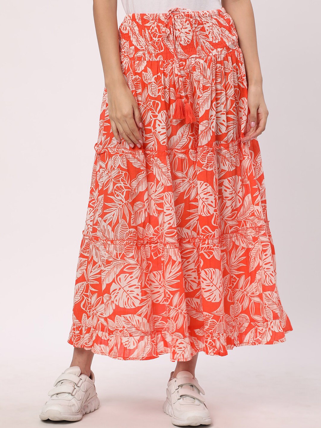 

R&B Floral Printed Organic Cotton Flared Maxi Skirts, Orange
