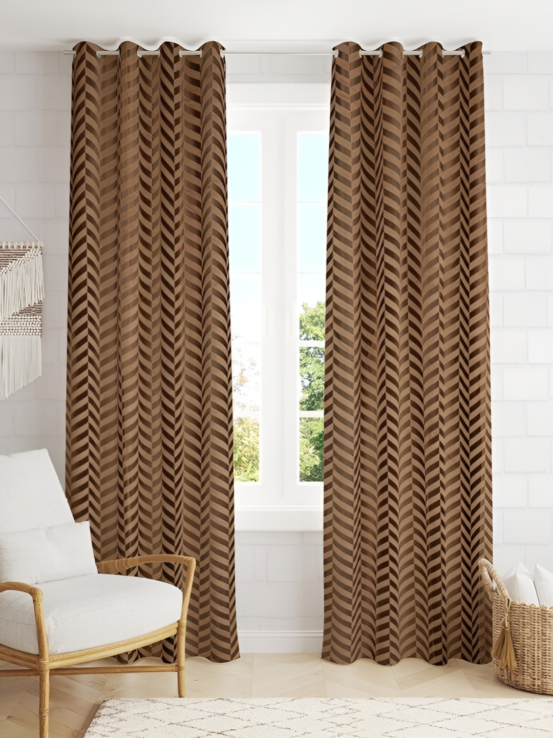 

HOMECRUST Camel Brown 2 Pieces Geometric Velvet Room Darkening Long Door Curtain