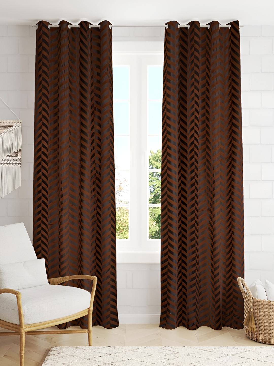 

HOMECRUST Coffee Brown 2 Pieces Geometric Room Darkening Long Door Curtain
