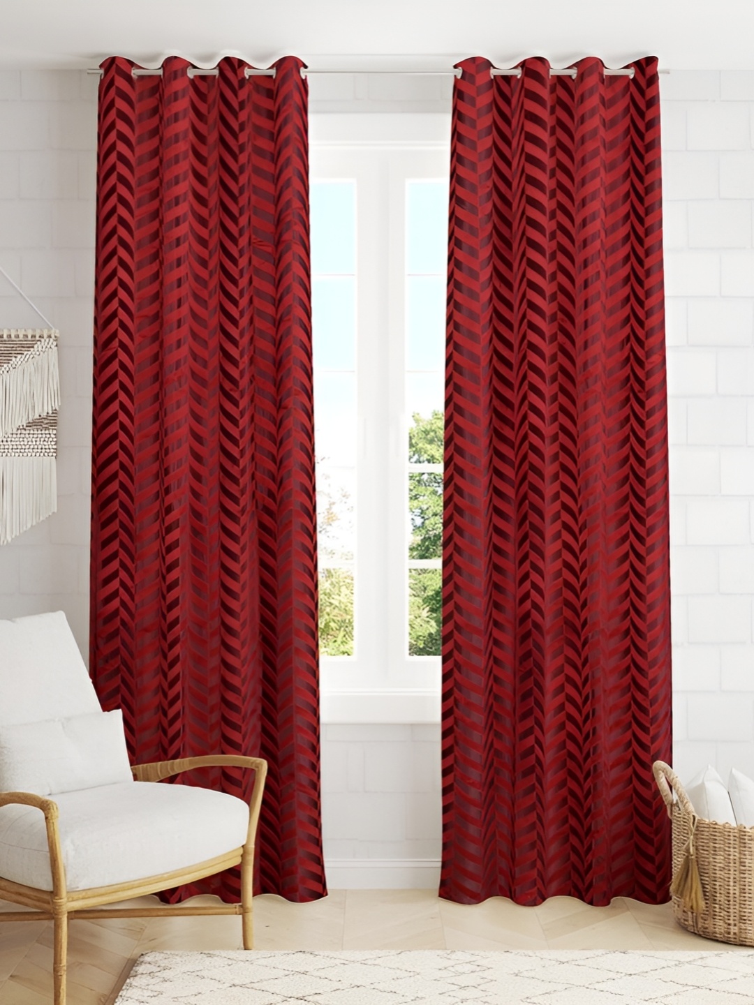 

HOMECRUST Maroon 2 Pieces Geometric Velvet Room Darkening Door Curtain