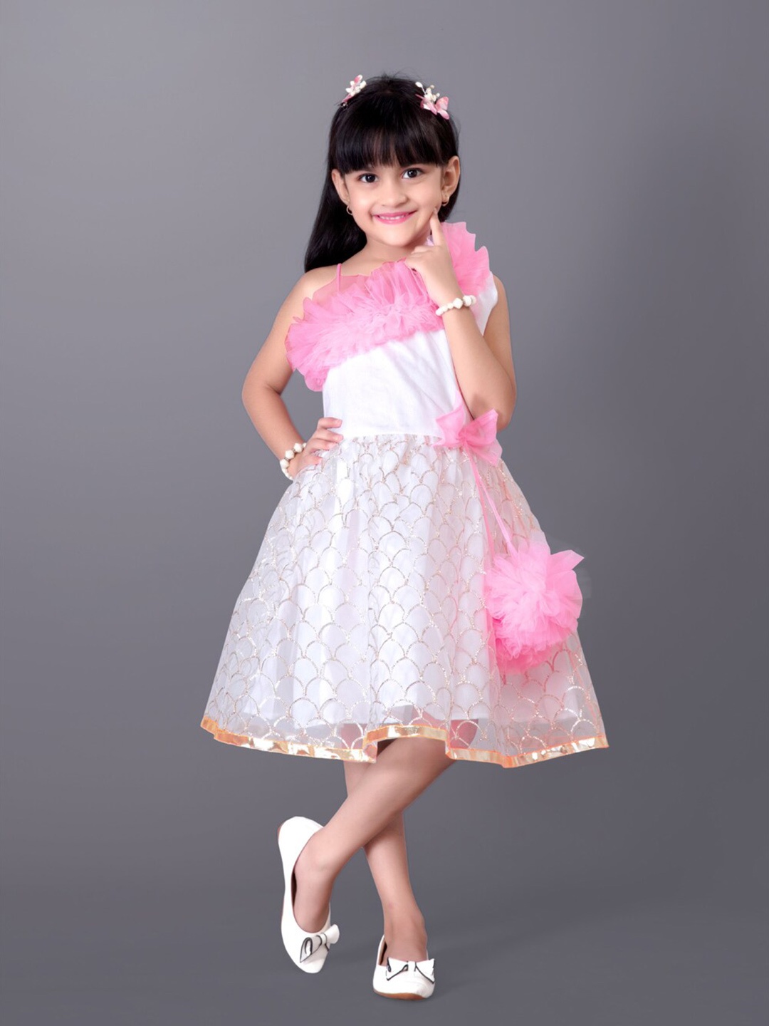 

BAESD Girls Self Design One Shoulder Ruffled Net Fit & Flare Dress, Pink
