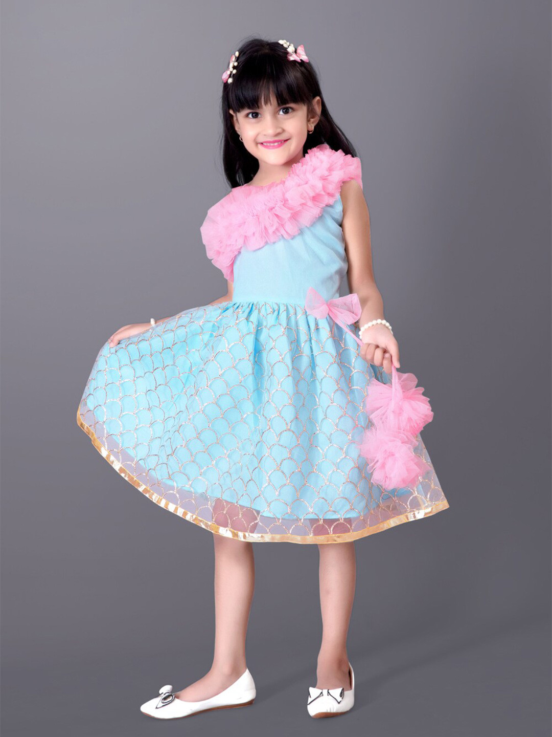 

BAESD Girls Embellished Bow Ruffled Net Fit & Flare Midi Dress, Sea green