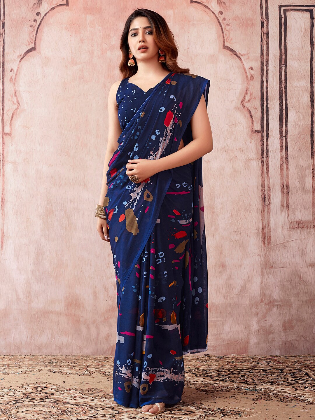 

KALINI Abstract Printed Sungudi Saree, Navy blue