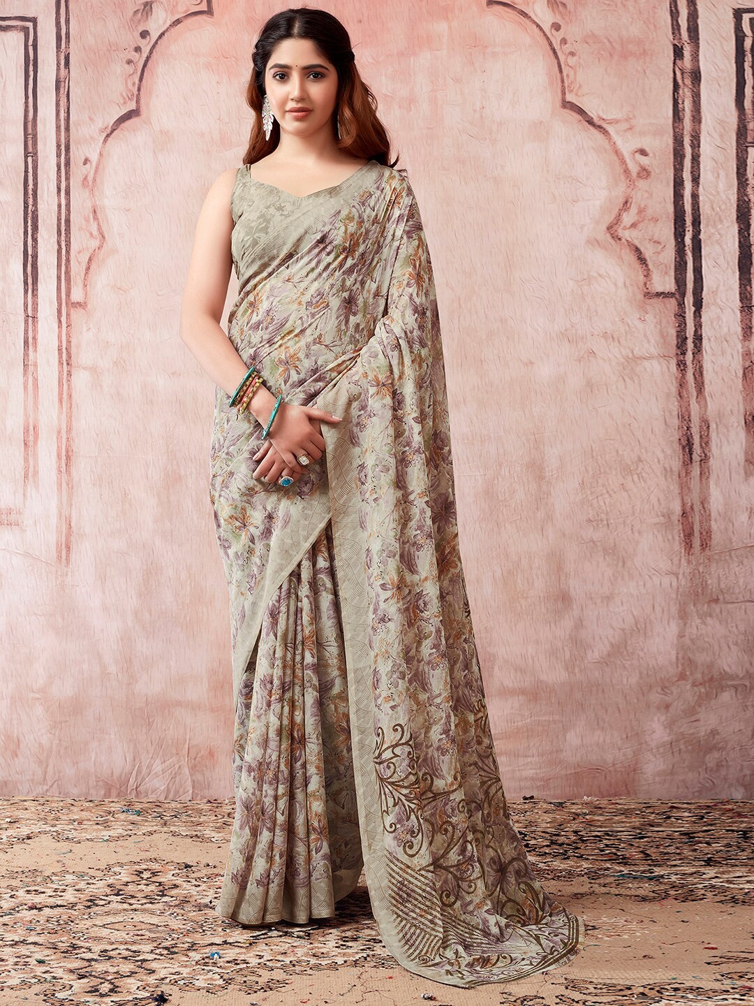 

KALINI Floral Printed Sungudi Saree, Beige
