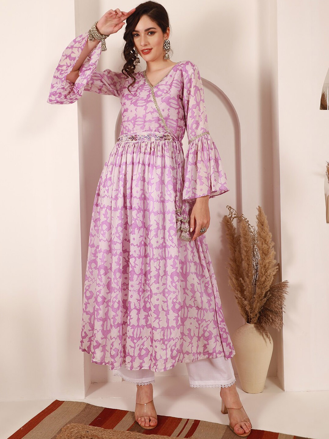 

Sangria Lavendar Abstract Printed Bell Sleeves Gotta Patti Chanderi Silk Angrakha Kurta, Lavender