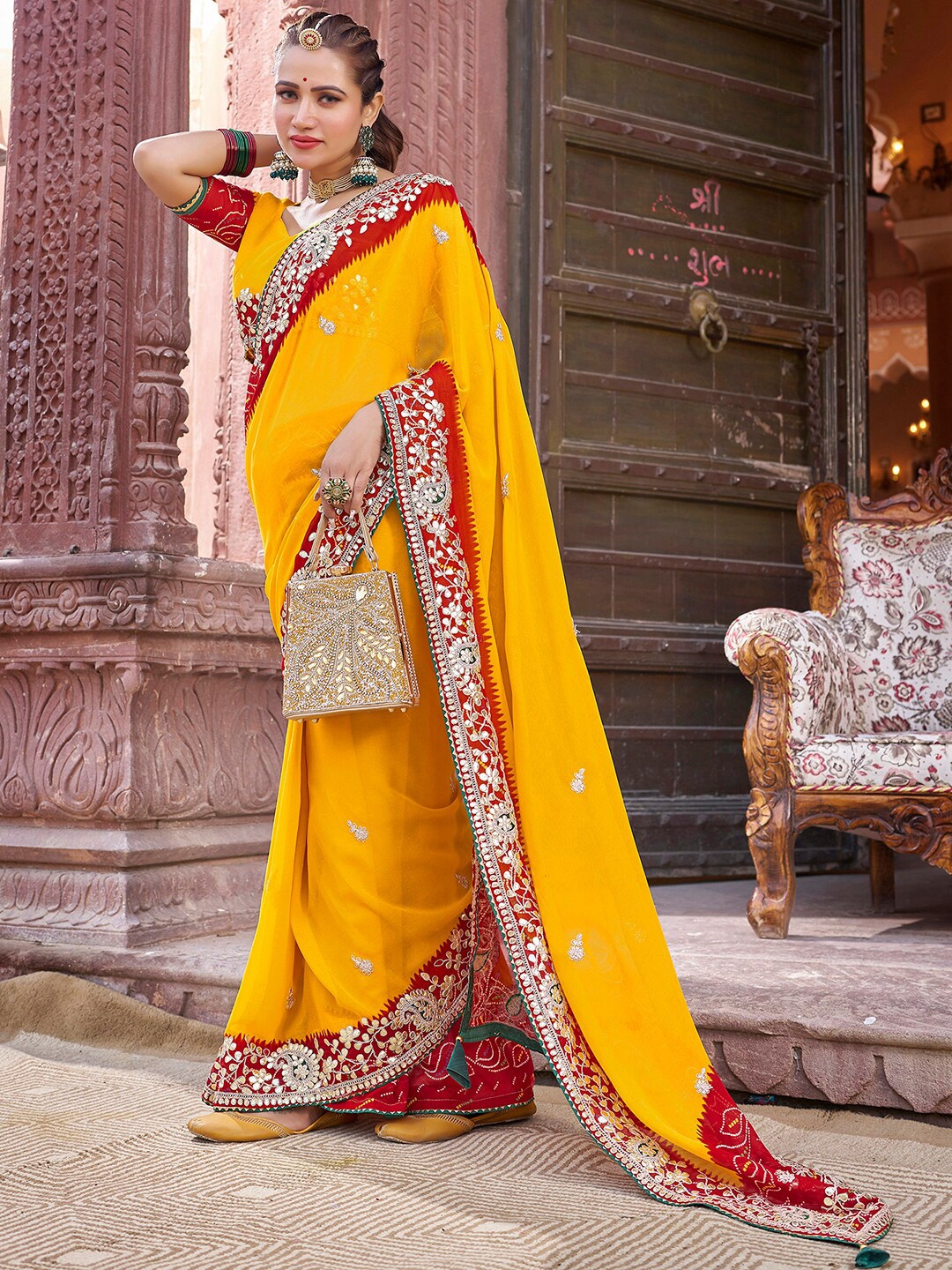 

Satrani Floral Embroidered Saree, Yellow
