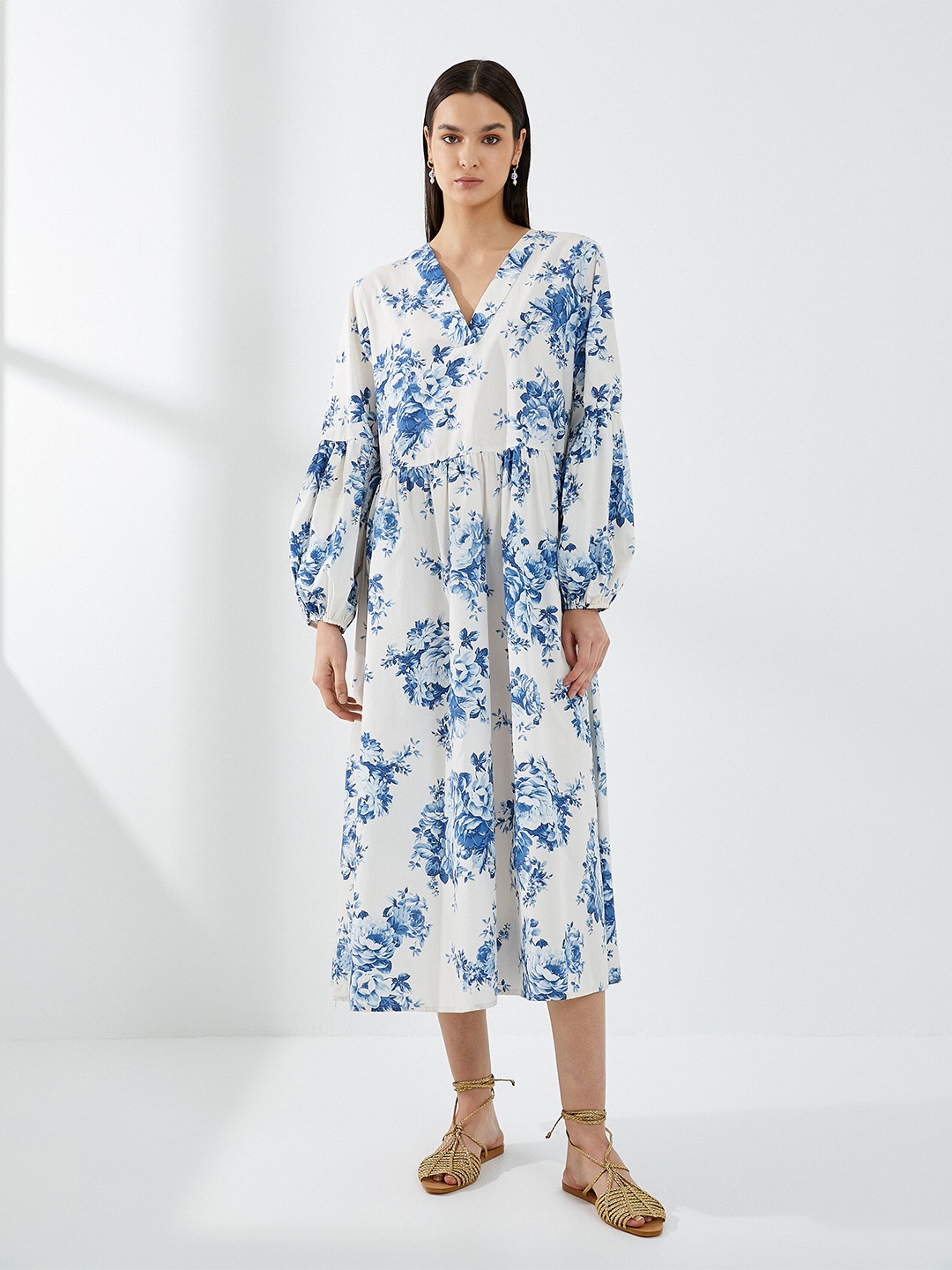 

Koton Floral Printed V-Neck Cuffed Sleeves Gathered Pure Cotton Fit & Flare Midi Dress, Blue