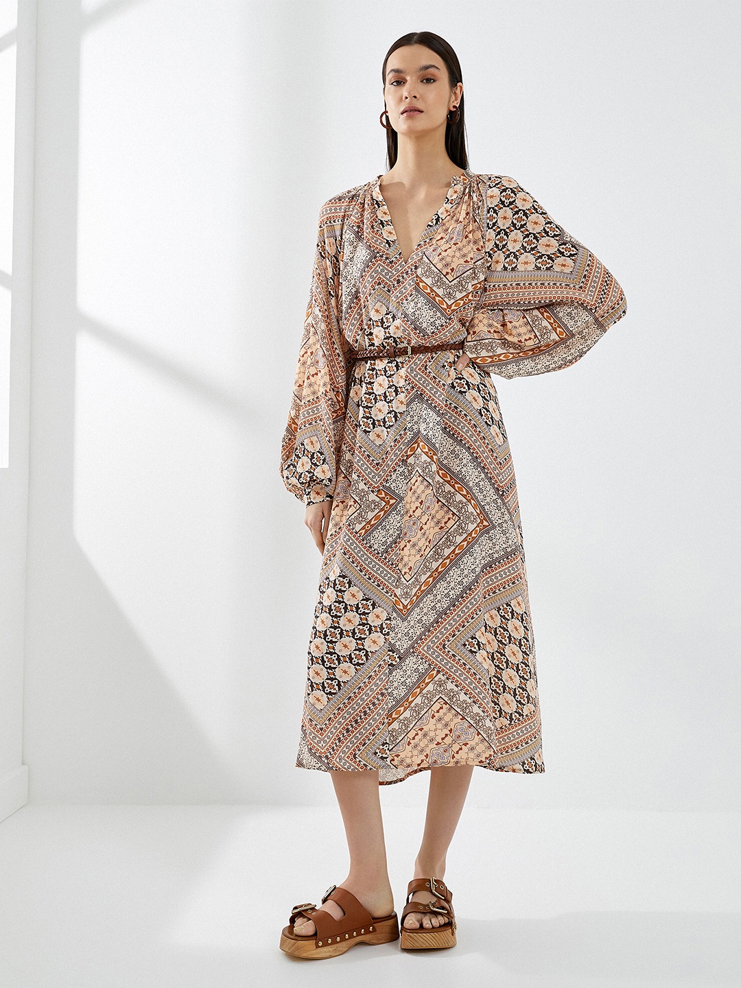 

Koton Ethnic Motif Printed Bishop Sleeves A-Line Midi Dress, Orange