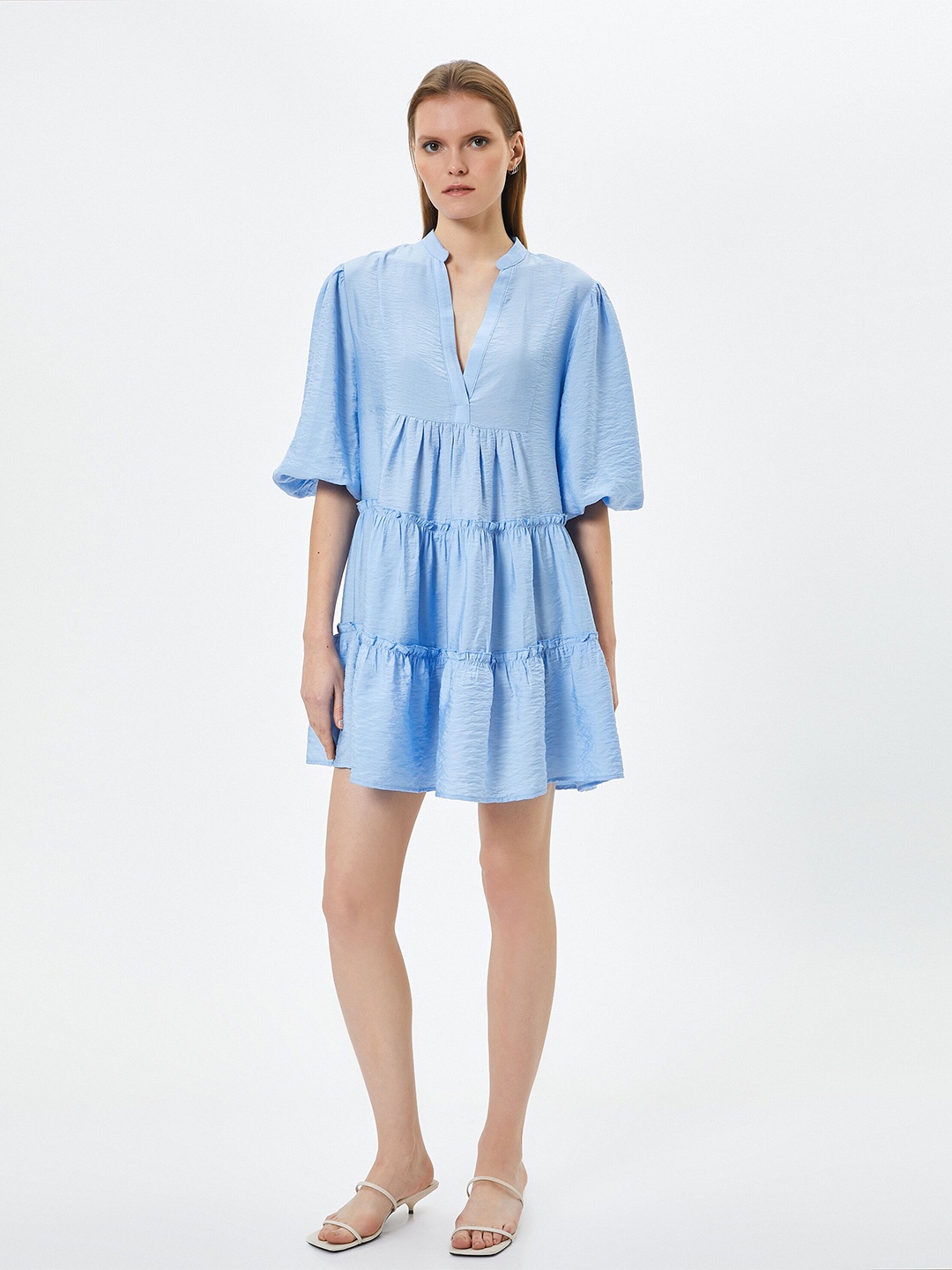 

Koton Mandarin Collar Tiered Puff Sleeve A-Line Dress, Blue