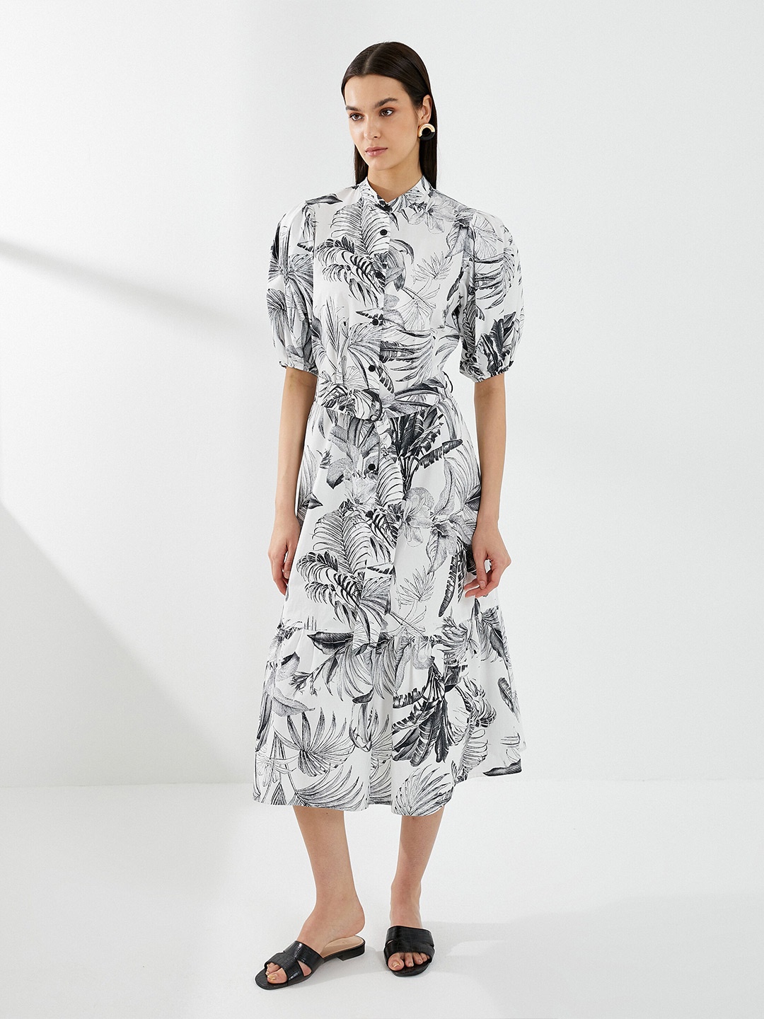 

Koton Floral Printed Mandarin Collar Puff Sleeves Pure Cotton Fit & Flare Midi Dress, Black