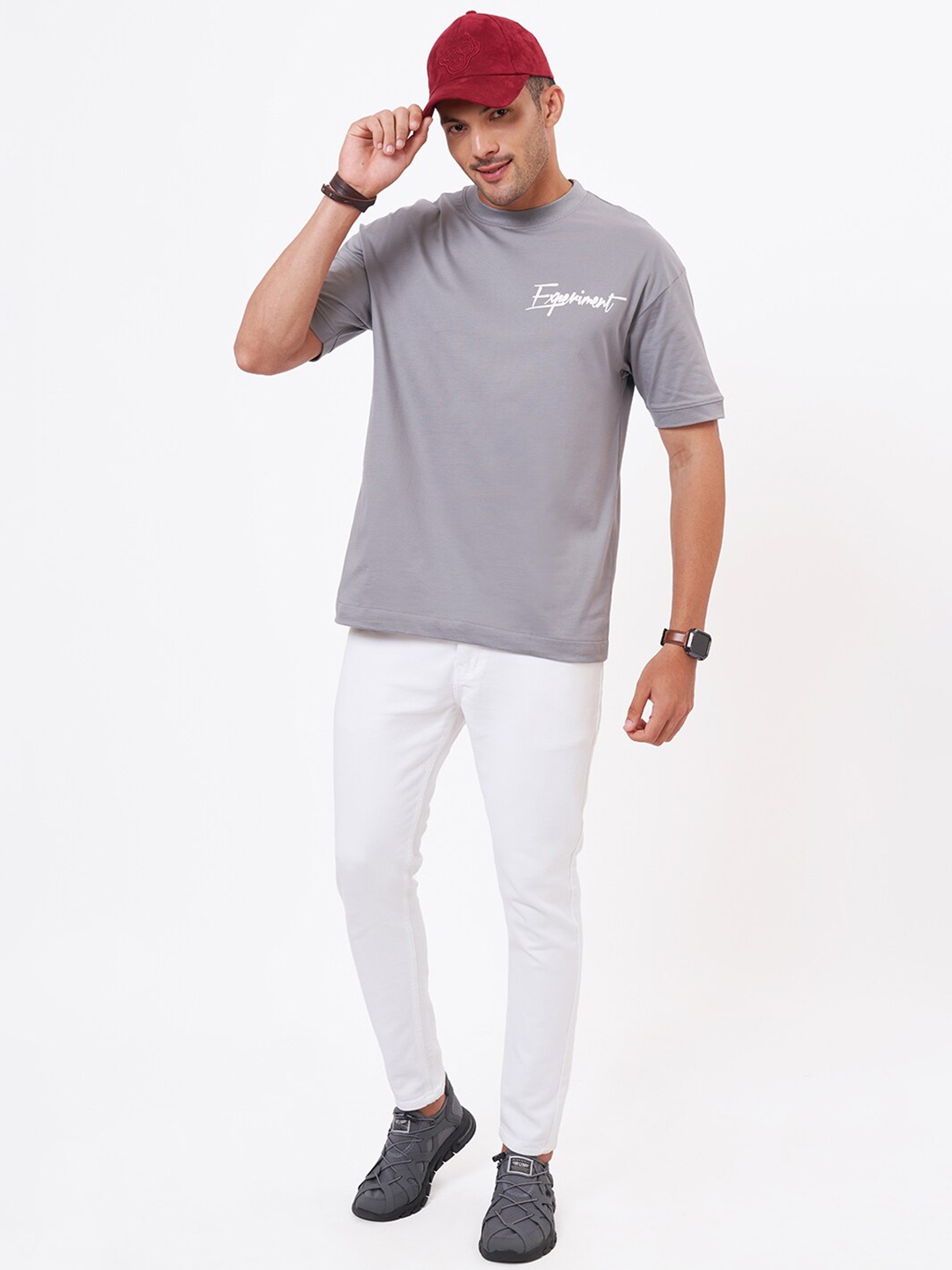 

ZU Printed Round Neck Drop Shoulder Sleeves Cotton Oversized T-shirt, Grey