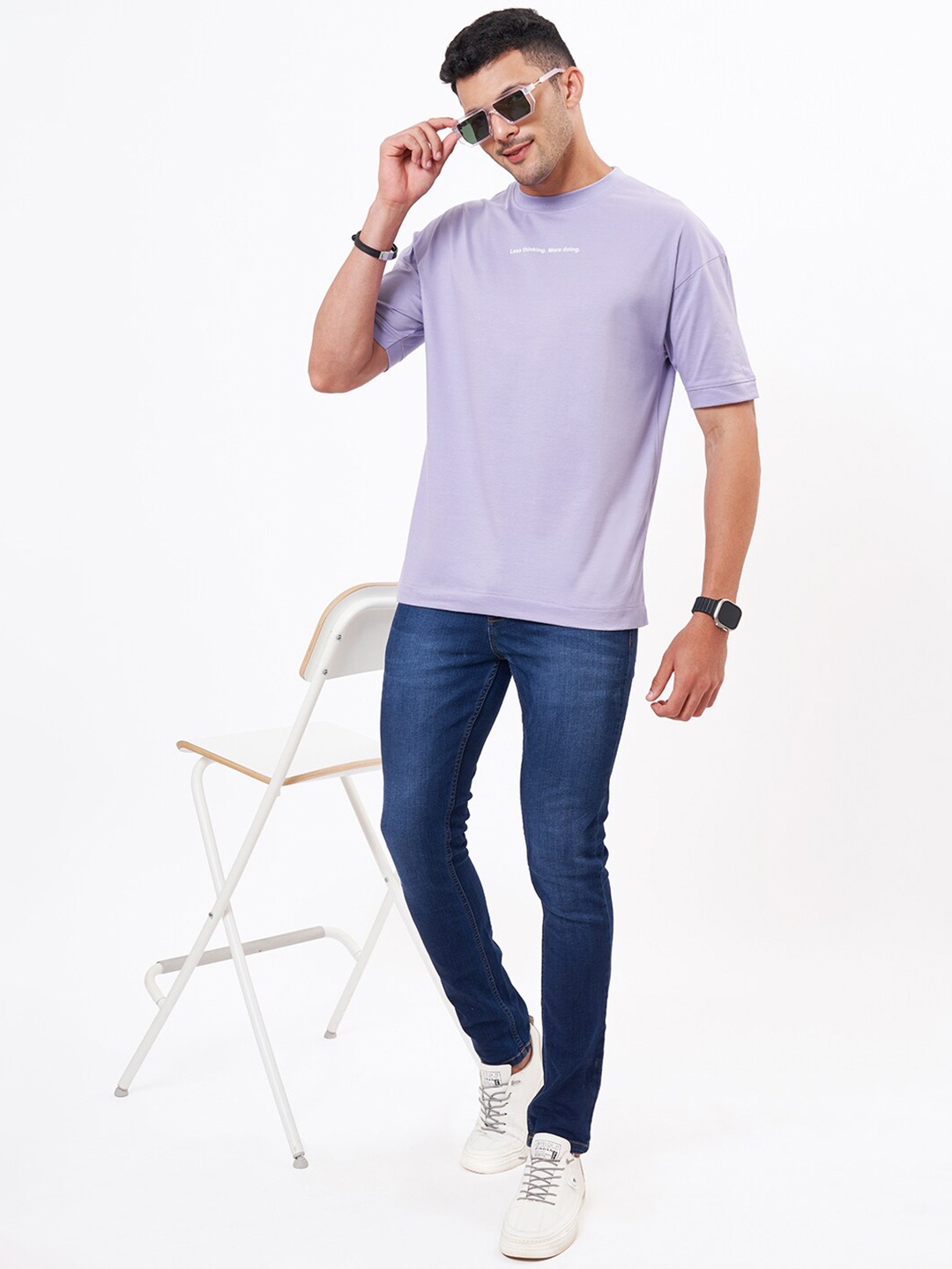

ZU Printed Round Neck Drop Shoulder Sleeves Cotton Oversized T-shirt, Lavender