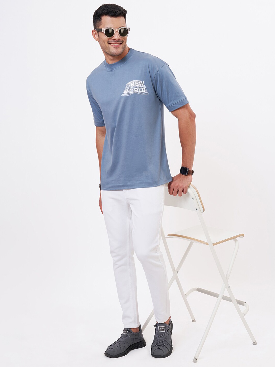 

ZU Printed Round Neck Drop Shoulder Sleeves Cotton Oversized T-shirt, Blue
