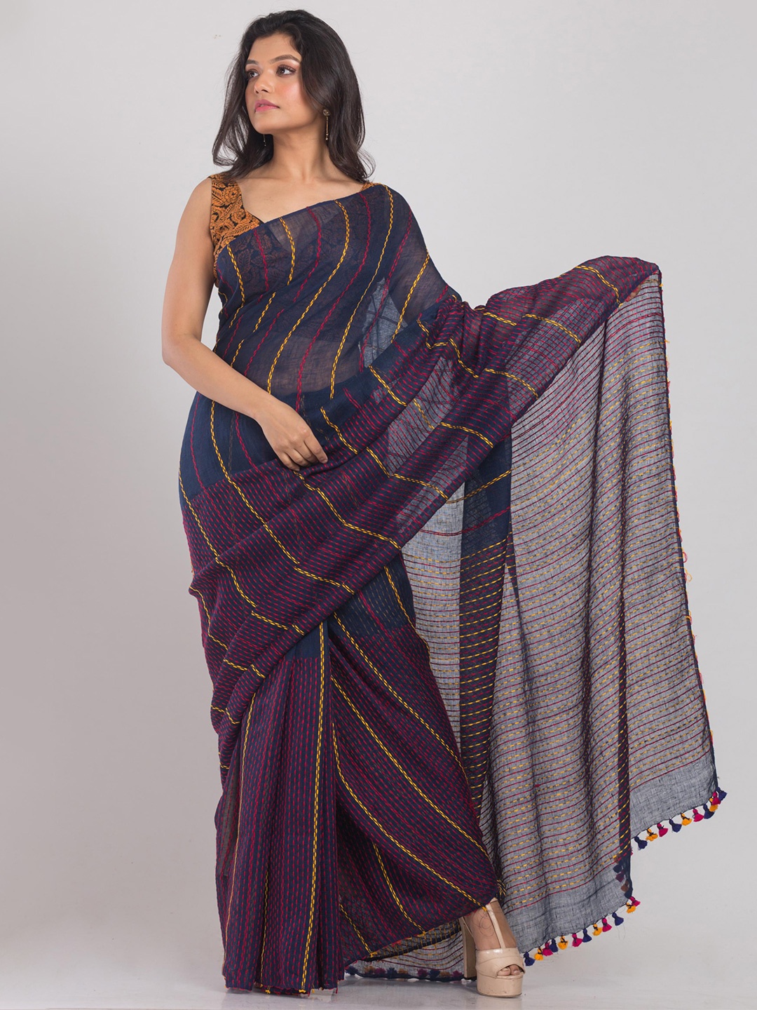 

Angoshobha Striped Woven Design Pure Linen Saree, Blue