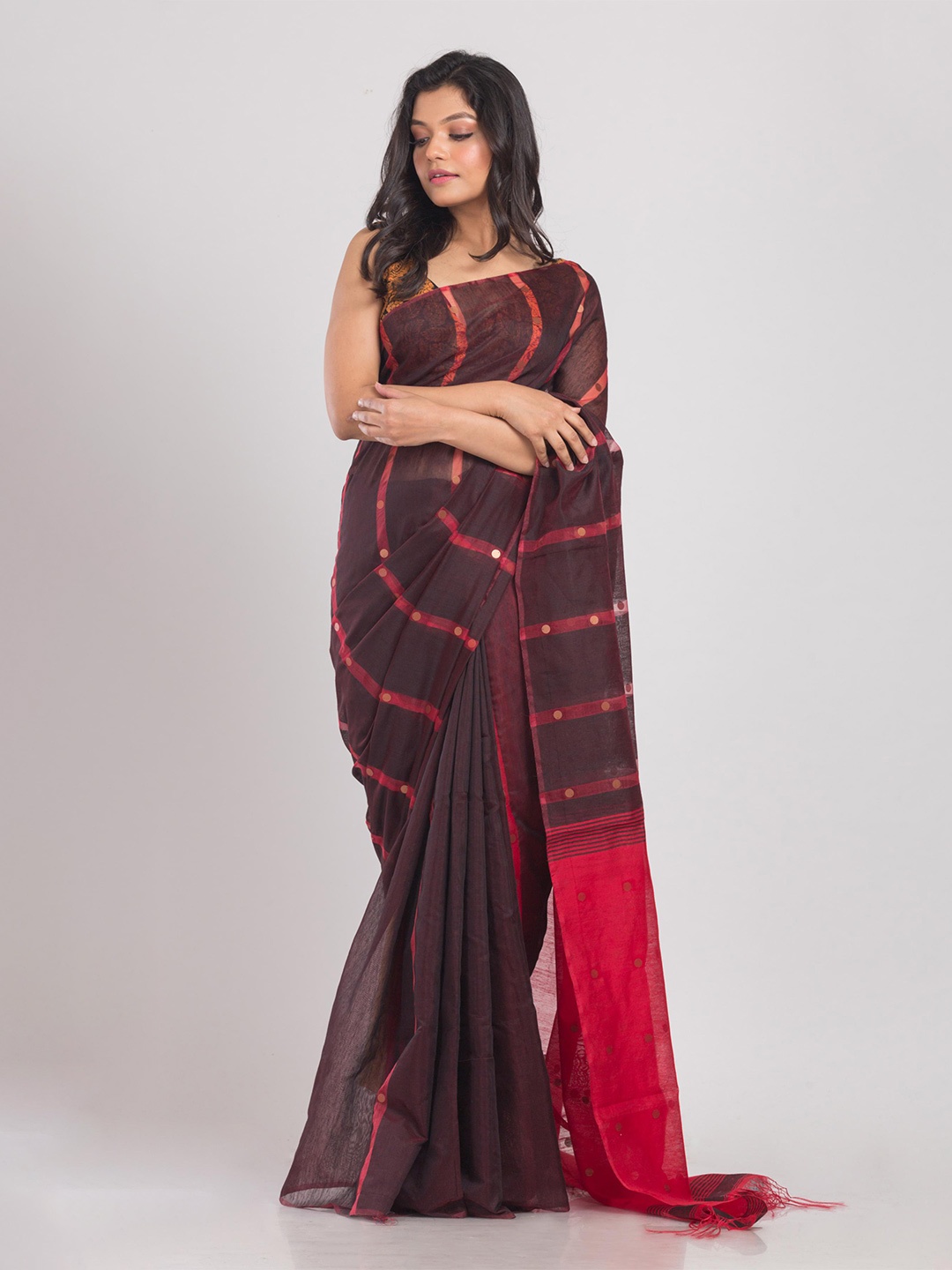 

Angoshobha Striped Woven Design Silk Cotton Saree, Brown