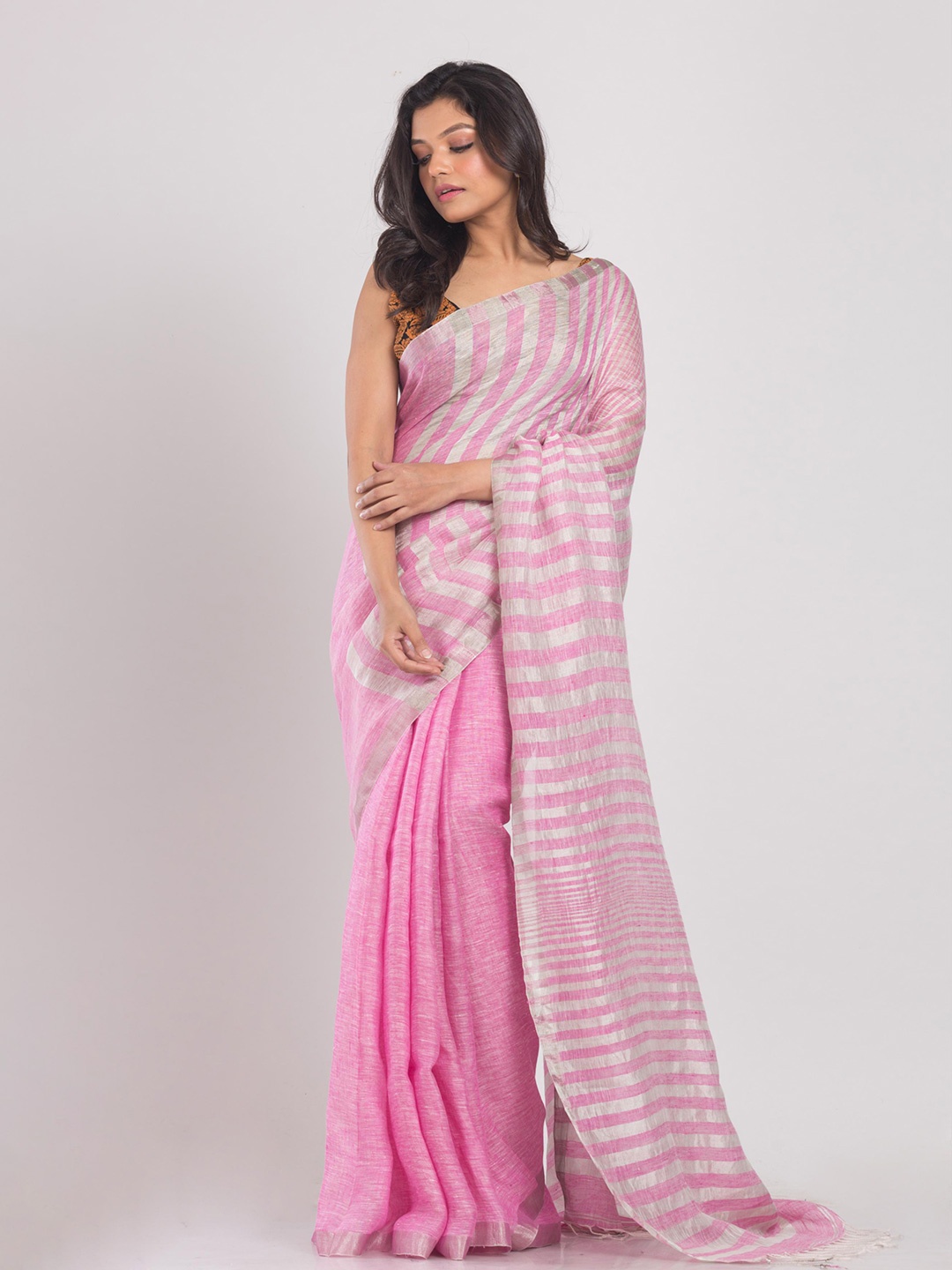 

Angoshobha Striped Zari Pure Linen Saree, Pink