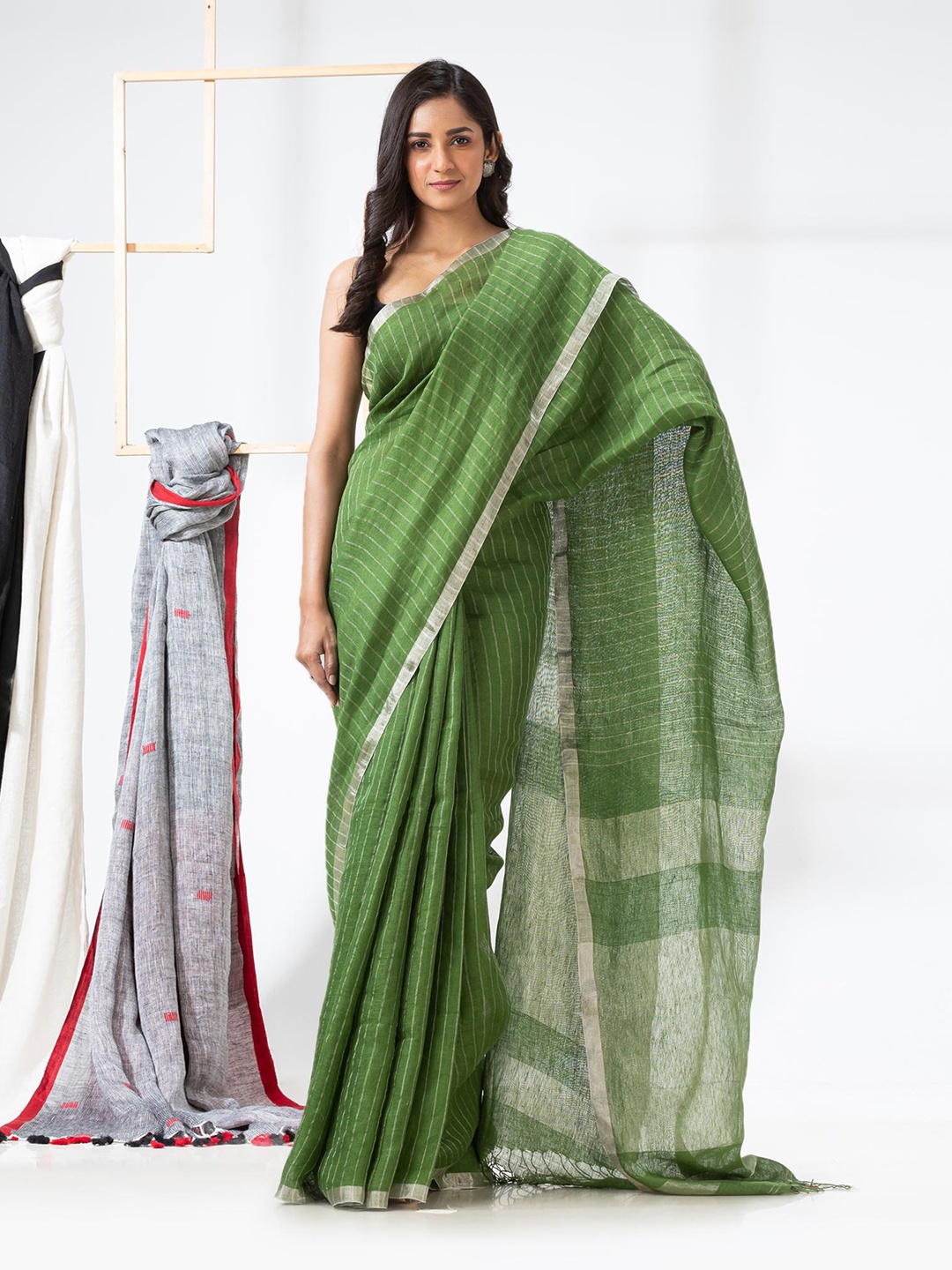 

Angoshobha Striped Woven Design Zari Pure Linen Saree, Green