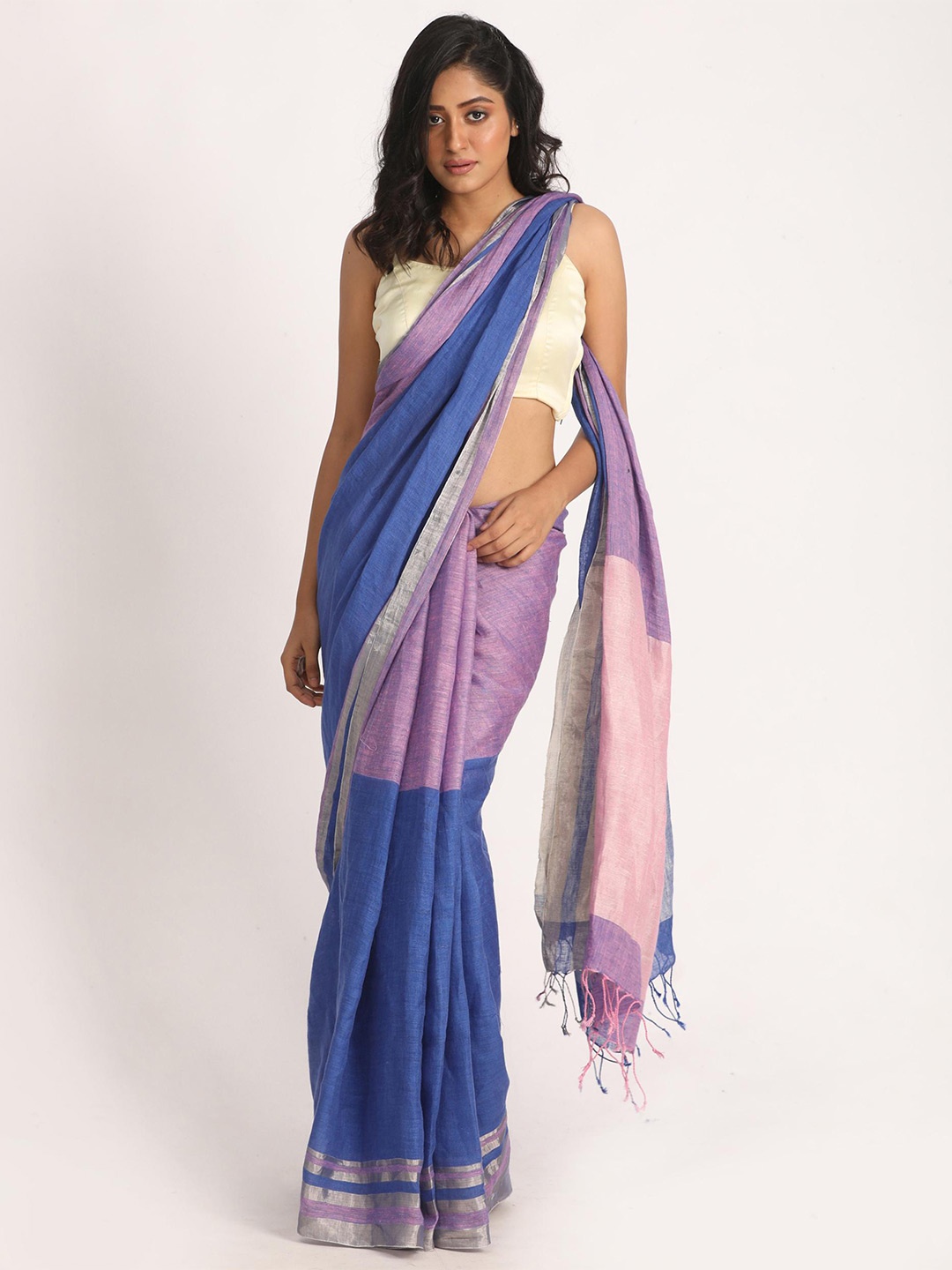 

Angoshobha Colourblocked Woven Design Zari Pure Linen Saree, Pink