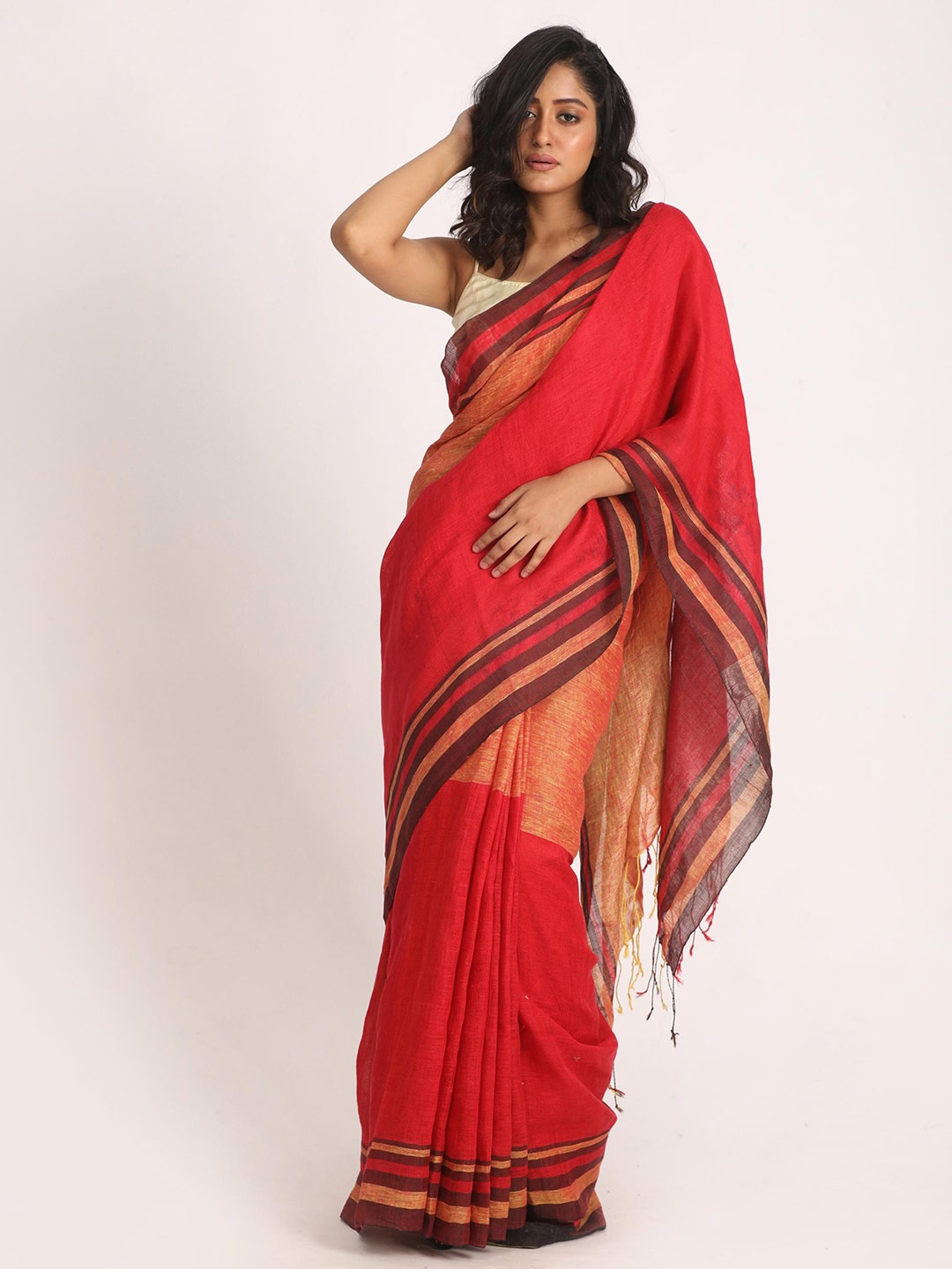 

Angoshobha Colourblocked Woven Design Pure Linen Saree, Red