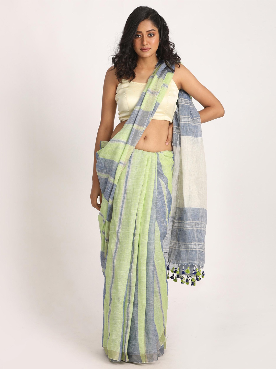 

Angoshobha Colourblocked Pure Linen Saree, Blue