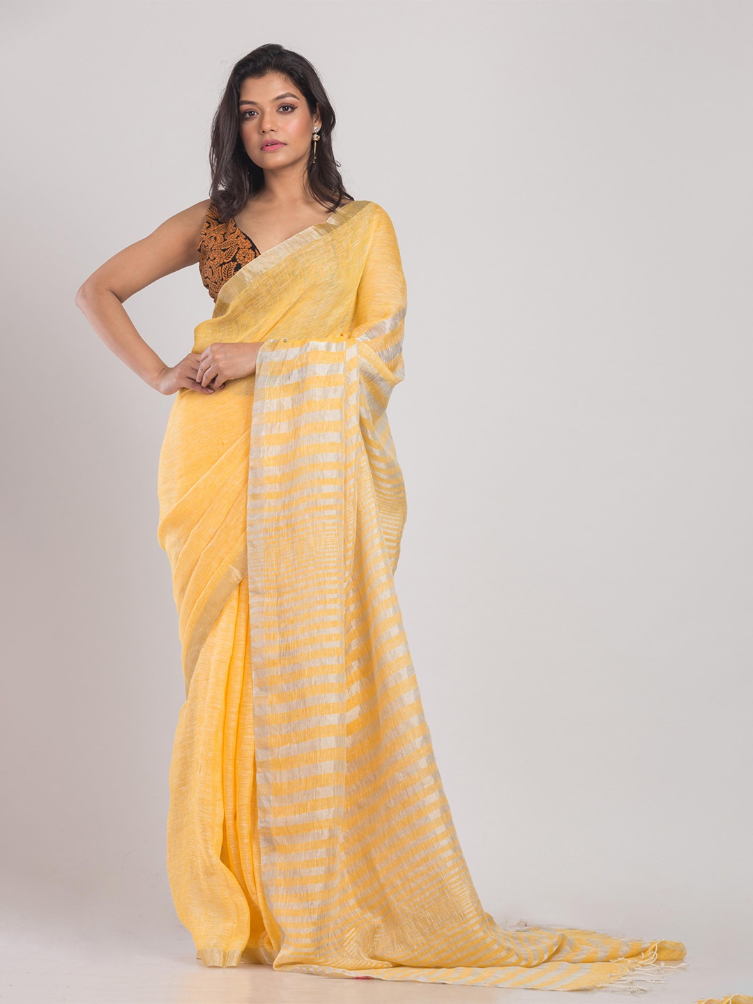 

Angoshobha Striped Woven Design Pure Linen Saree, Yellow