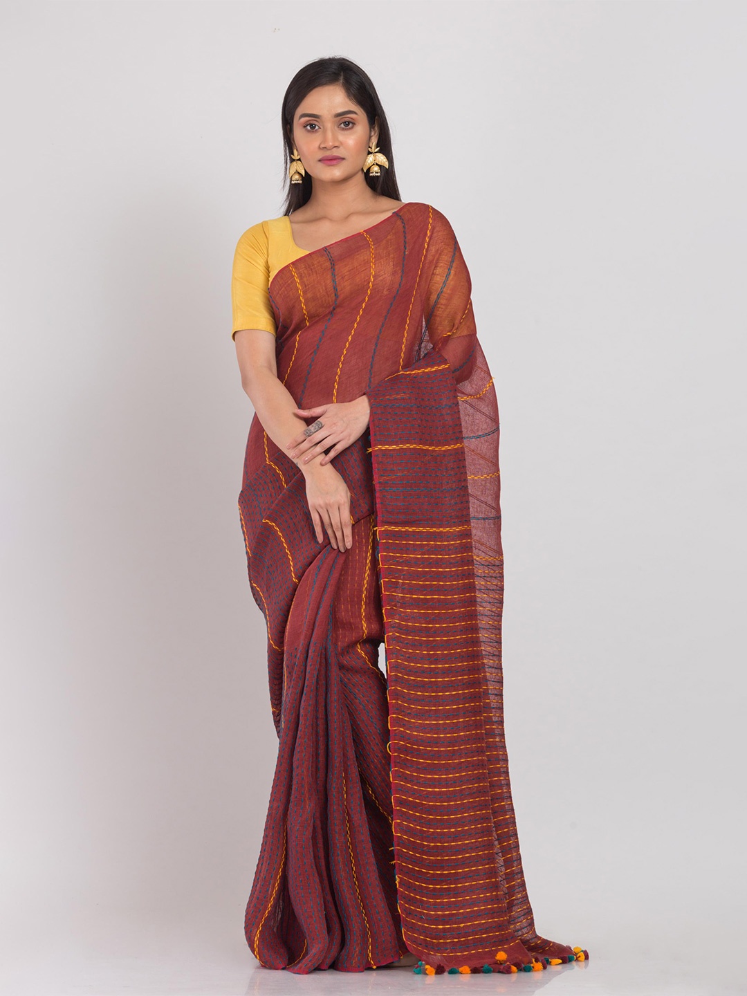 

Angoshobha Striped Pure Linen Saree, Brown