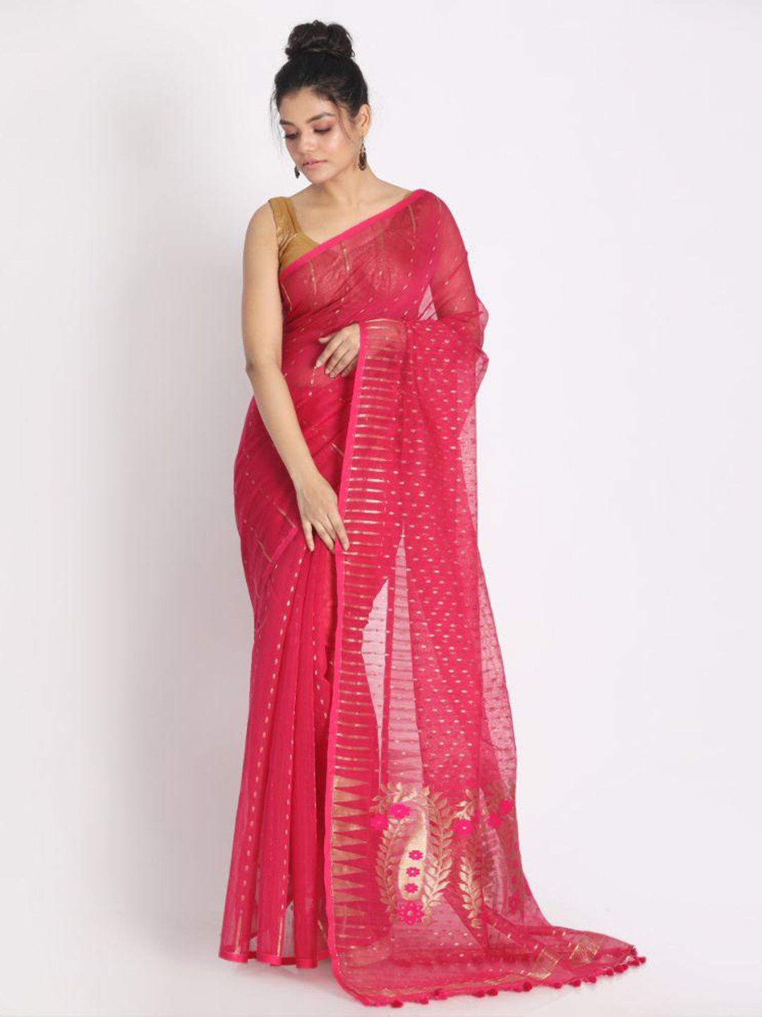 

Angoshobha Striped Woven Design Silk Cotton Jamdani Saree, Pink