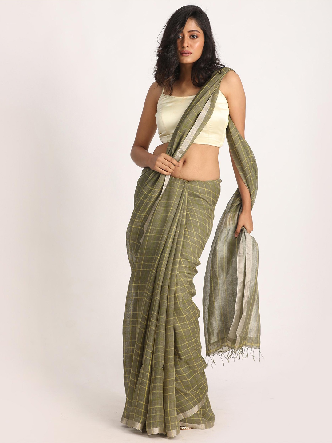

Angoshobha Checked Woven Design Pure Linen Saree, Grey